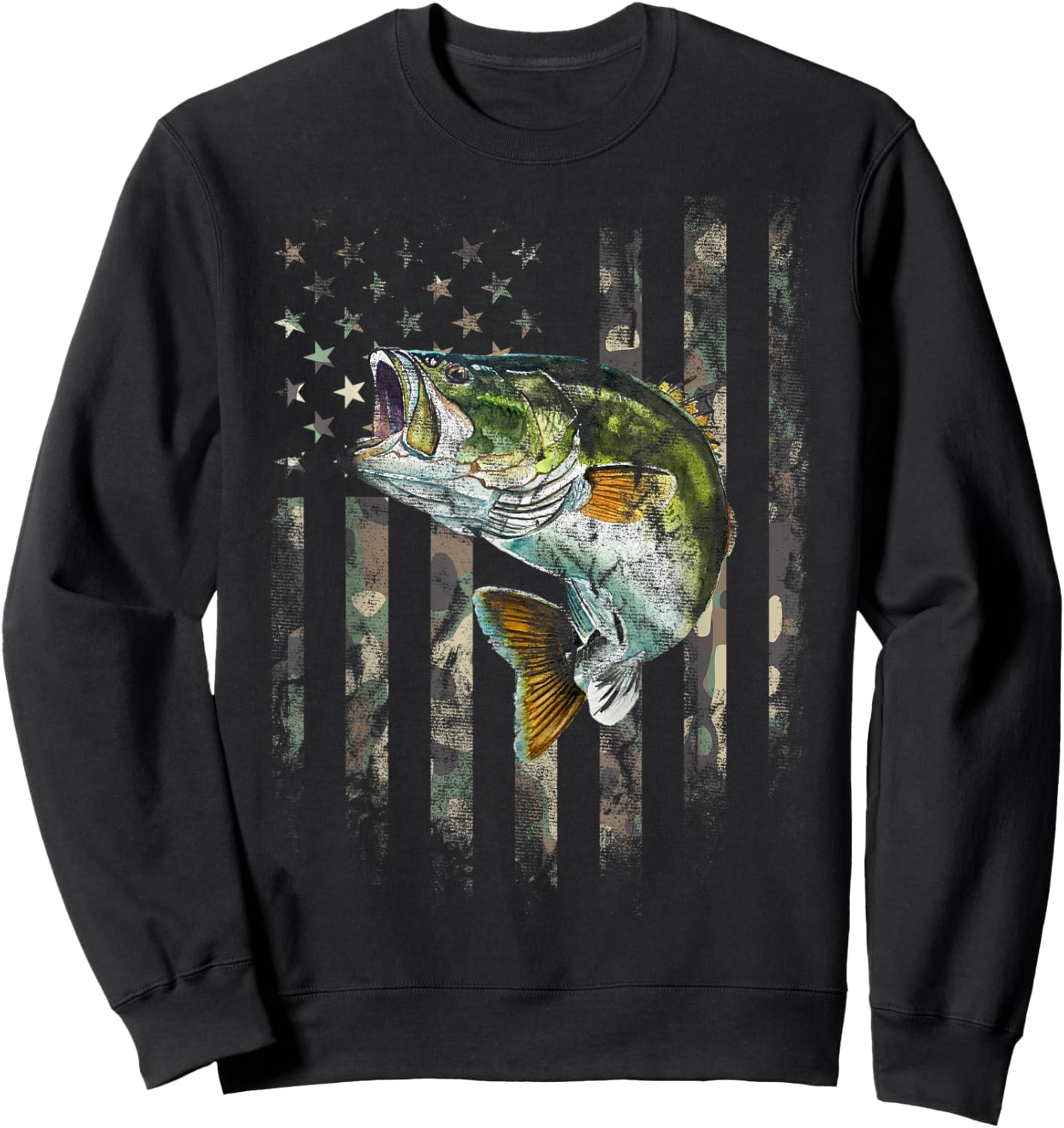 Camo American Flag Bass Fishing Fishermen Patriotic USA Flag Sweatshirt - Sweatshirt | Black