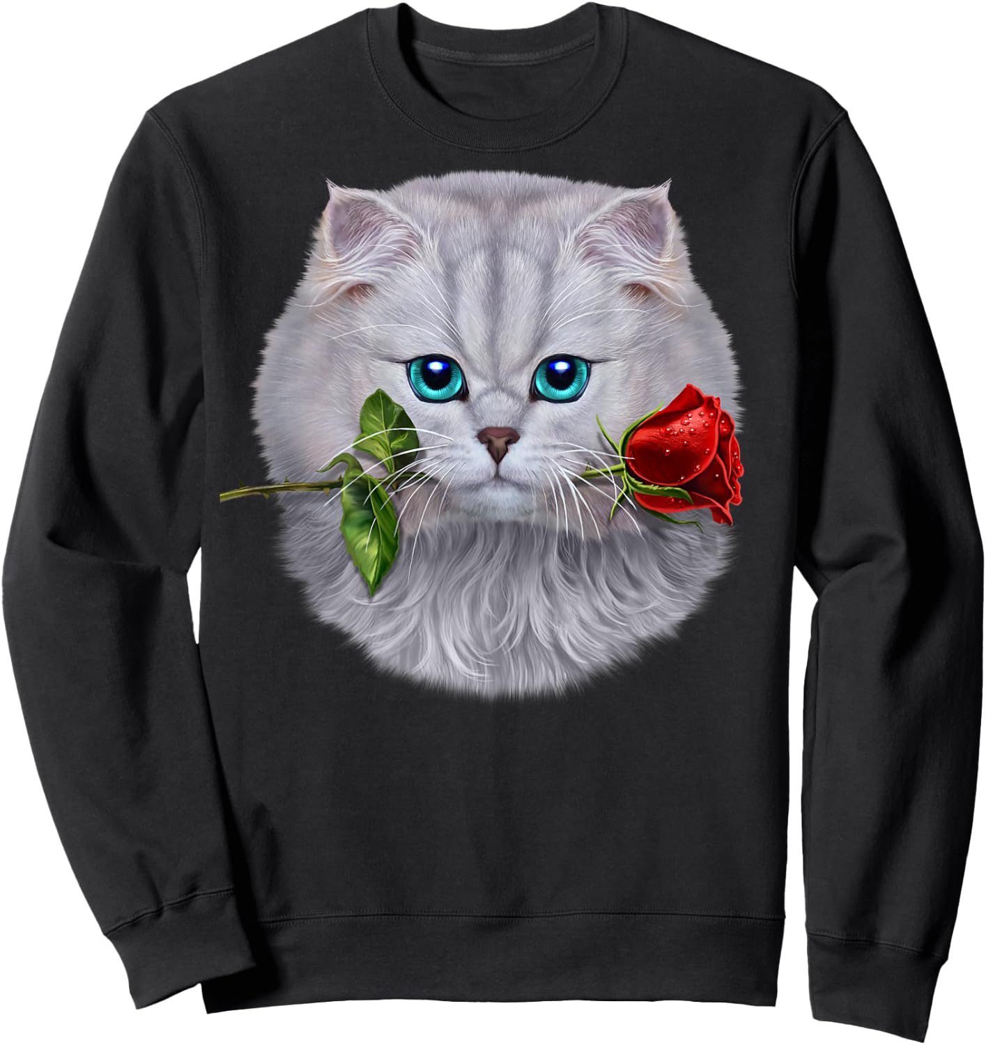 Romantic Fluffy White Cat Biting on a Rose Flower Sweatshirt - Sweatshirt | Black