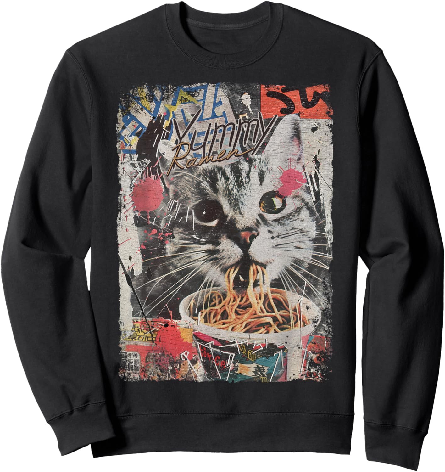 Ramen Noodles Cat Japan Y2K Kawaii Retro Cats Manga Anime Sweatshirt - Sweatshirt | Black
