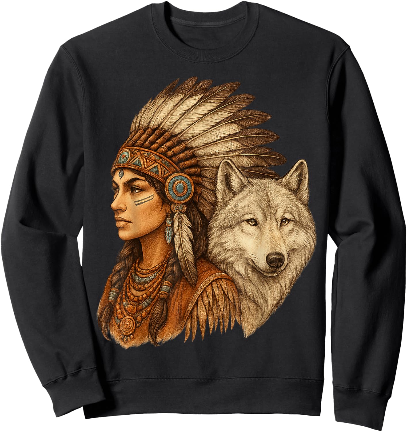 Indian Native American Woman with White Wolf Vitage Sweatshirt - Sweatshirt | Black