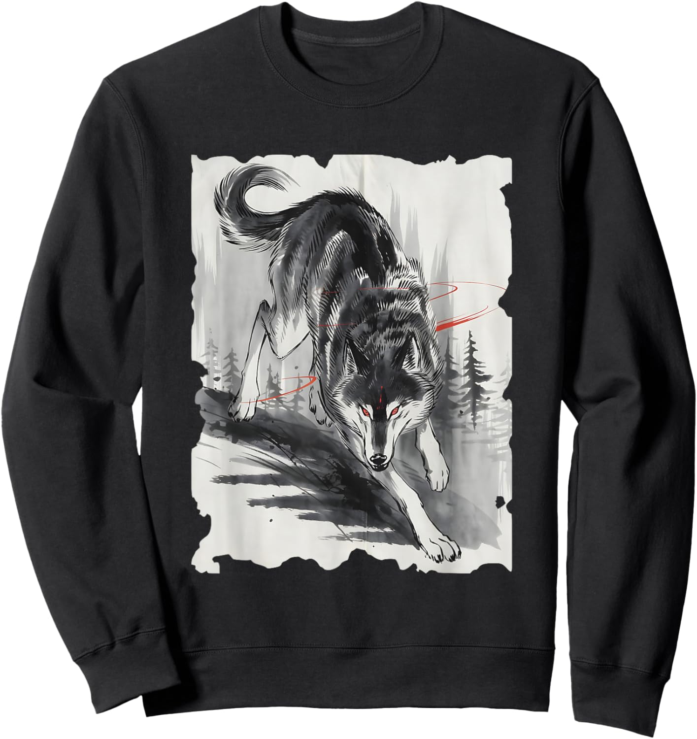 Wolf Sumi-e Graphic - Vintage Japanese Art Wolf Lover Sweatshirt - Sweatshirt | Black
