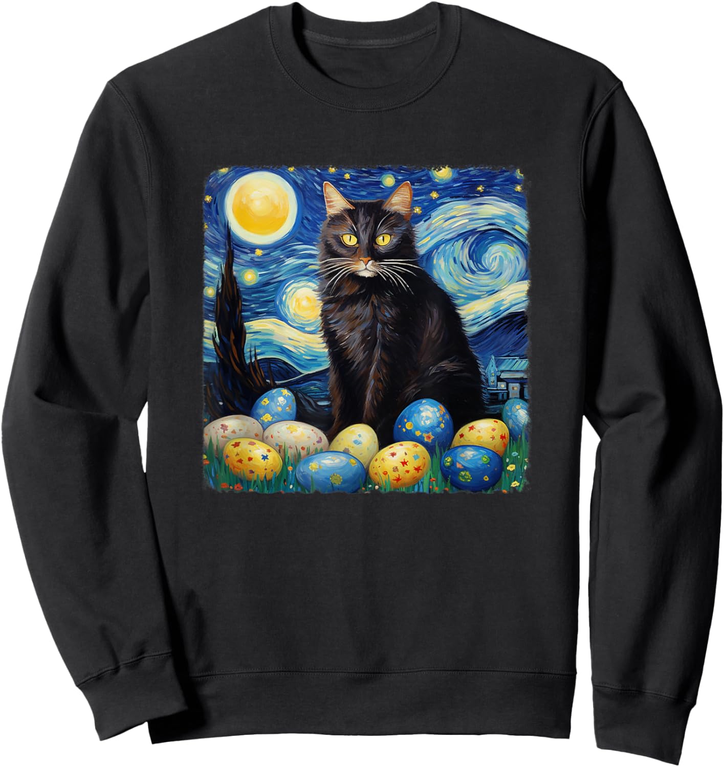 Easter Cat Starry Night by Vincent van Gogh Easter Egg Sweatshirt - Sweatshirt | Black