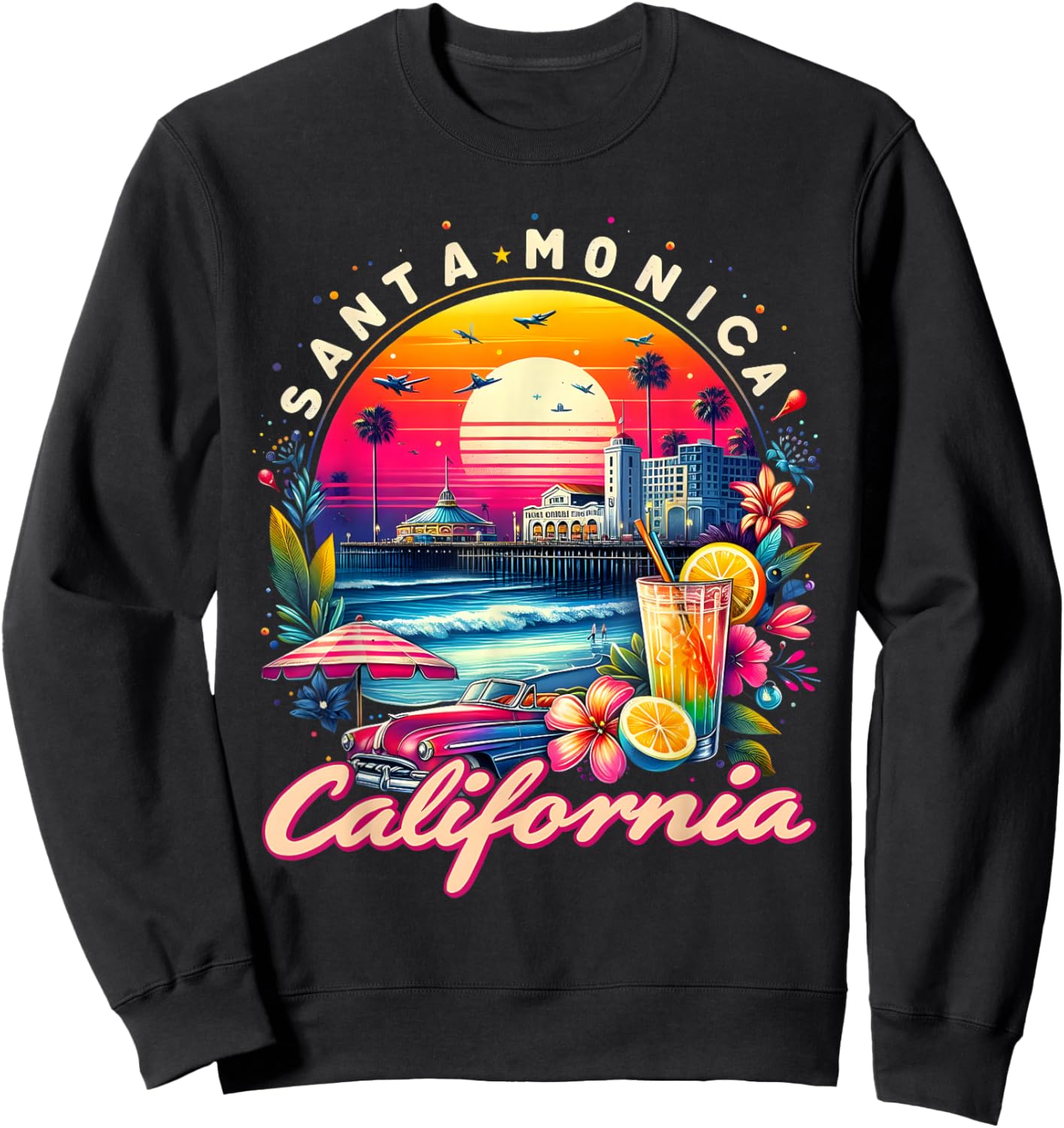 Sunset Vibes Santa Monica Trip Retro Santa Monica California Sweatshirt - Sweatshirt | Black