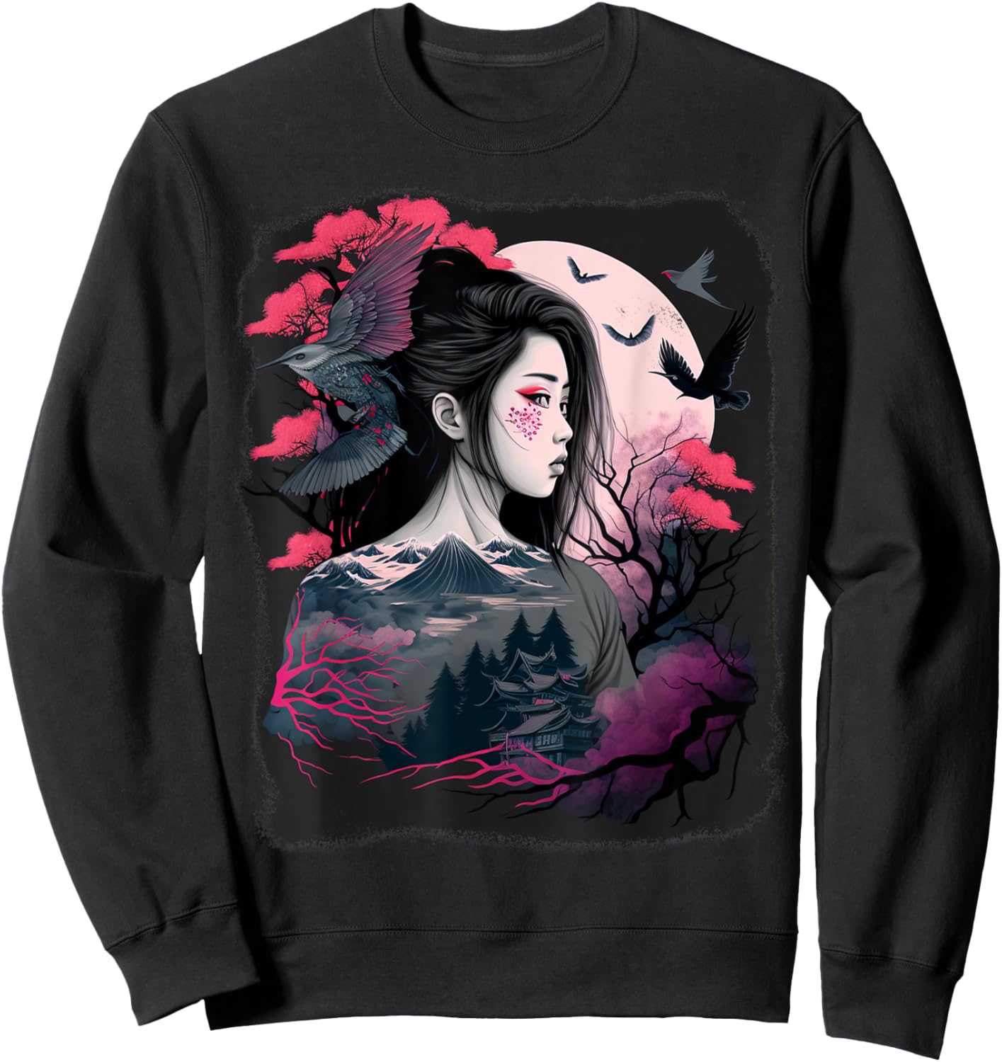 Japanese Samurai Girl Sakura Cherry Blossom Aesthetic Moon Sweatshirt - Sweatshirt | Black