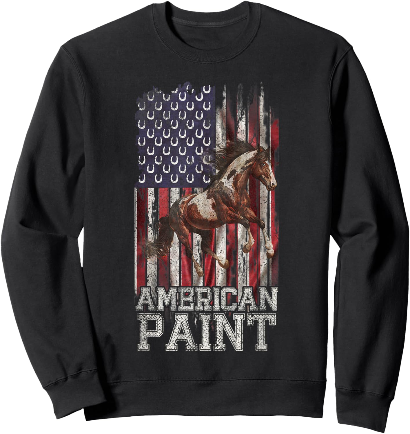 Vintage US Flag American Paint Horse Lover, Horseback Riding Sweatshirt - Sweatshirt | Black