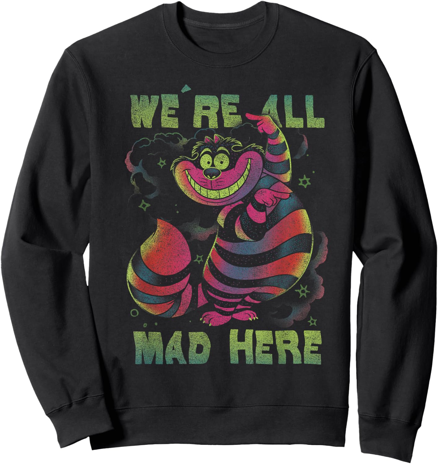 Disney Alice In Wonderland Cheshire Cat Neon All Mad Here Short Sleeve Sweatshirt - Sweatshirt | Black
