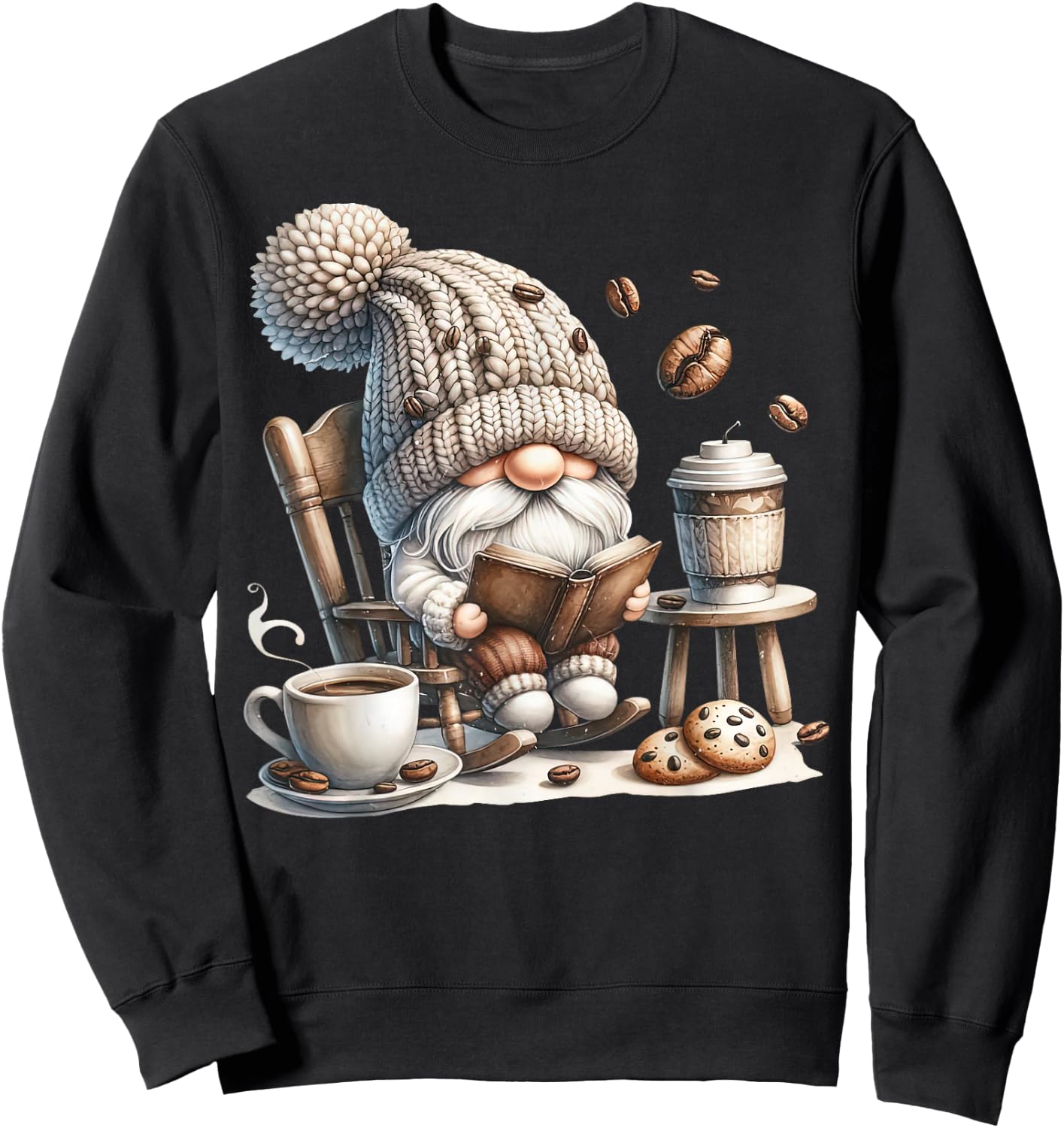 Vintage Cute Gnome Reading Book Coffee Cute Gnome Graphic Sweatshirt - Sweatshirt | Black