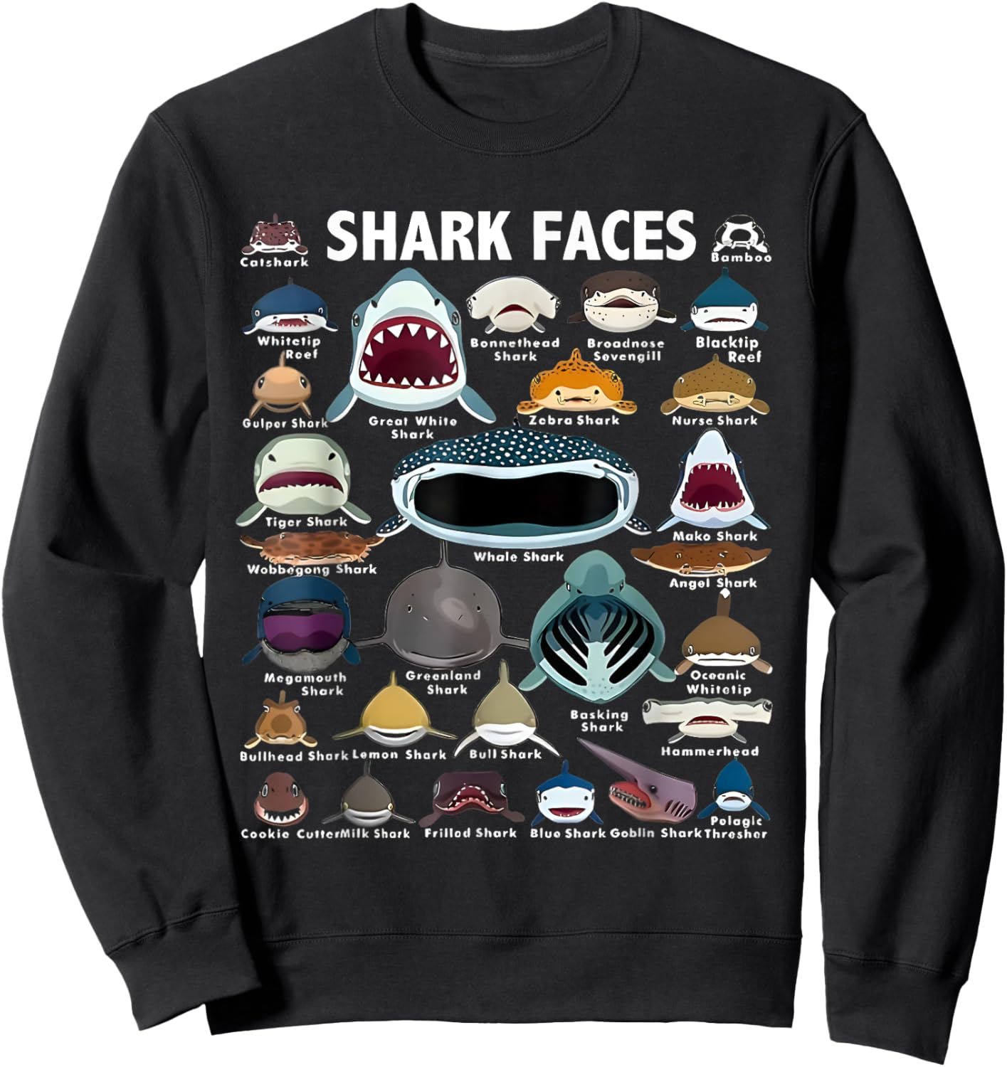 Types Of Shark Identification Shark Faces Marine Biology Sweatshirt - Sweatshirt | Black