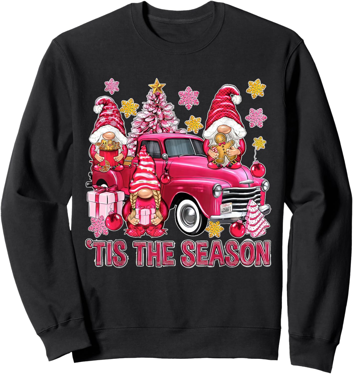Tis The Season Pink Christmas Gnomes Pink Truck Xmas Holiday Sweatshirt - Sweatshirt | Black