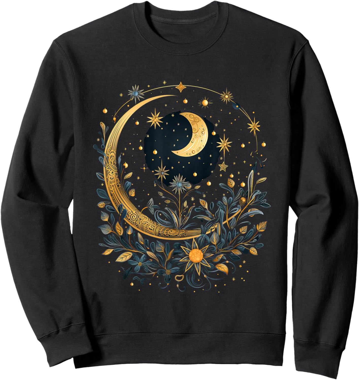 Mystic Sun and Moon Woman Mystical Flowers Aesthetic Sweatshirt - Sweatshirt | Black