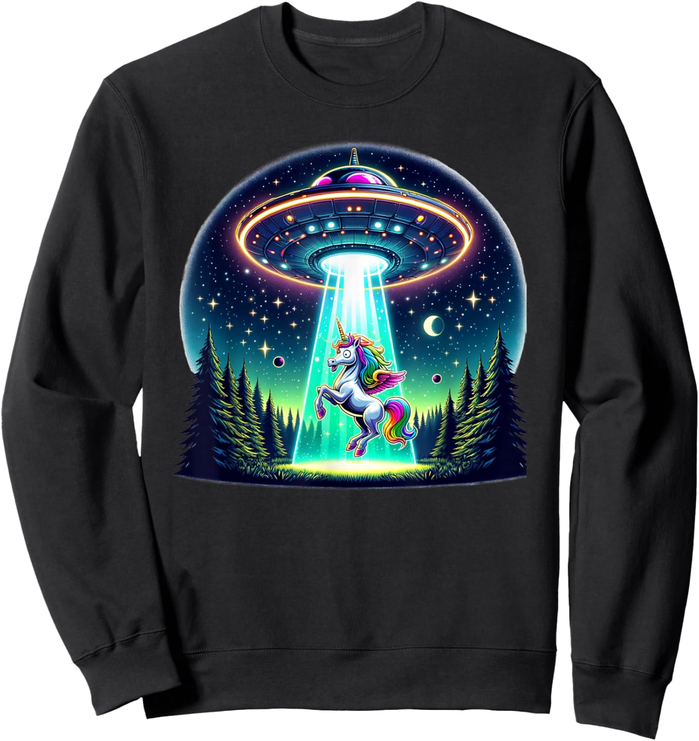 Rainbow Unicorn Abduction Alien Invasion Funny UFO Spaceship Sweatshirt - Sweatshirt | Black