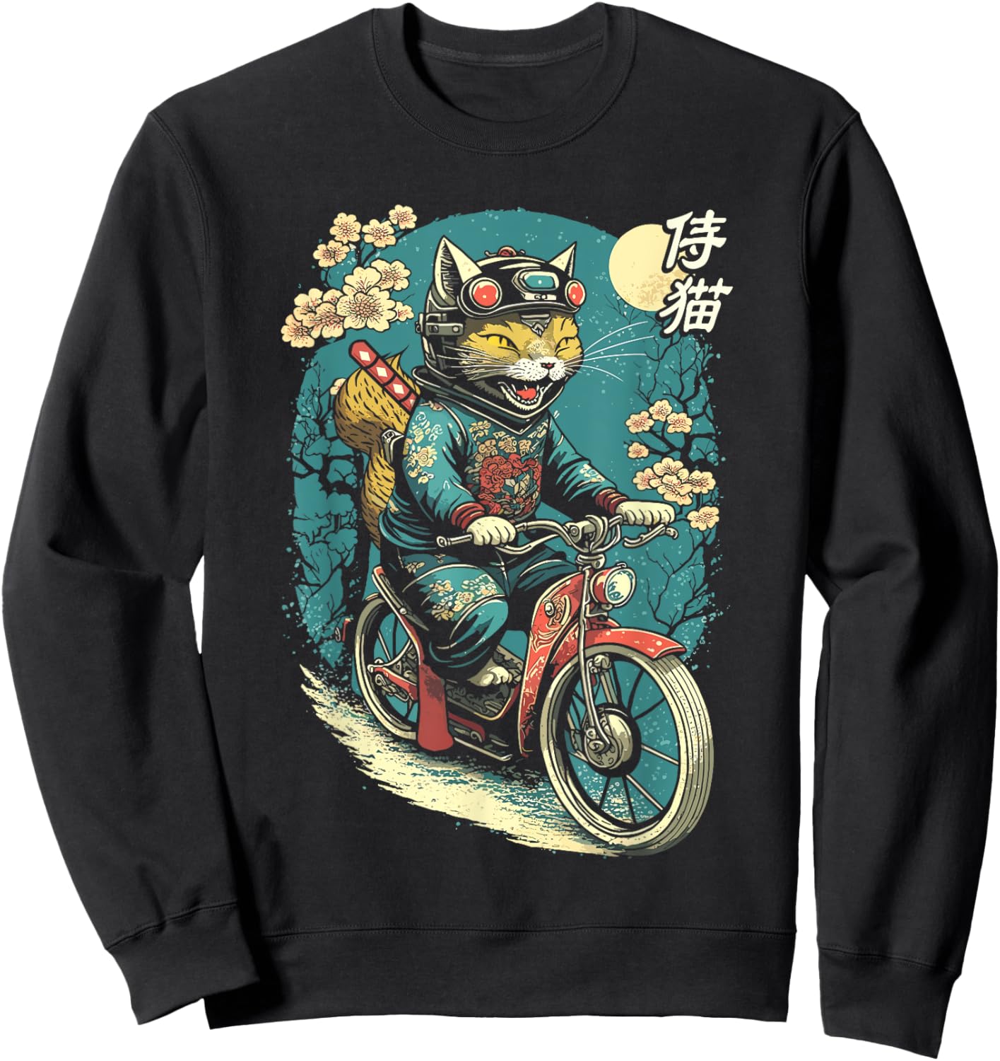Japanese Samurai Cat on Motorcycle Kawaii Ninja Cat Men Women Kids Sweatshirt - Sweatshirt | Black