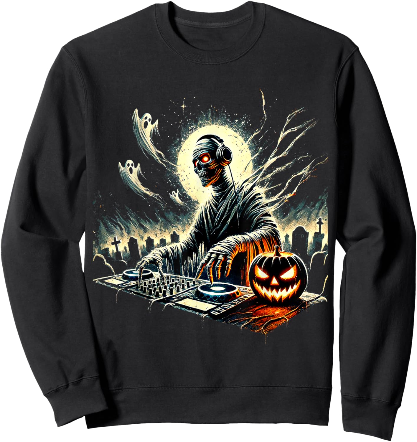 Spooky Mummy DJ Halloween Music Vibes Creepy Scary Horror Sweatshirt - Sweatshirt | Black
