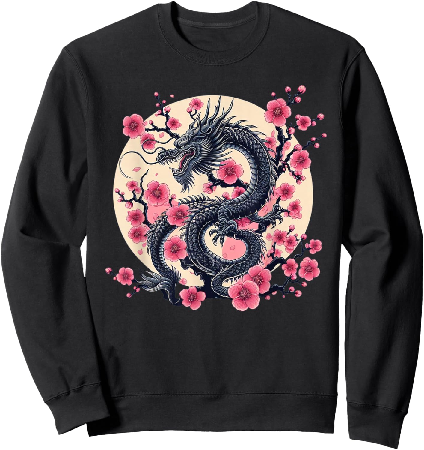 Vintage Chinese Dragon Asian Art Cherry Blossom Pink Flower Sweatshirt - Sweatshirt | Black