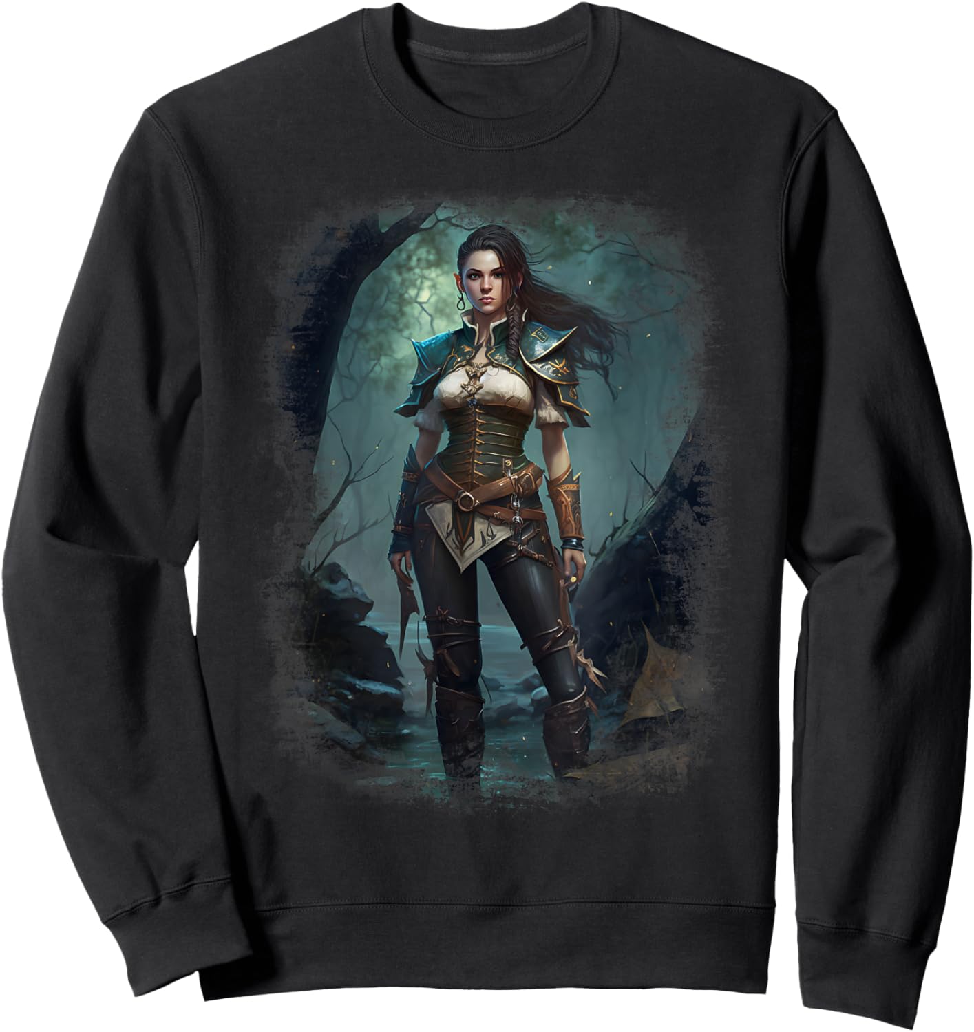 Elven Warrior Elf Princess Fantasy Vintage Fae Art Portrait Sweatshirt - Sweatshirt | Black