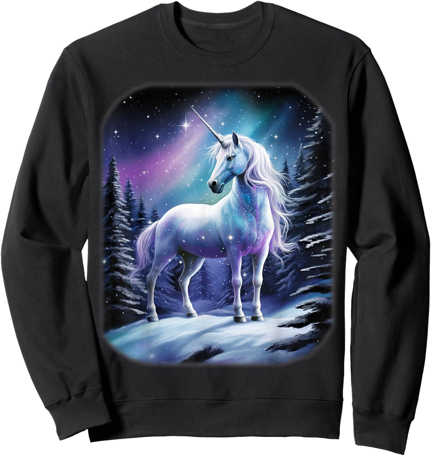 Fantasy white Unicorn standing in the snowy forest Sweatshirt - Sweatshirt | Black