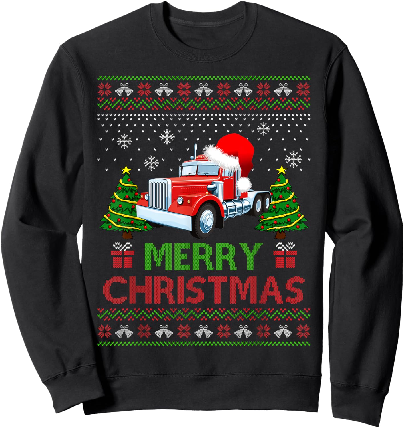 Merry Christmas Red Semi Truck Santa Hat Ugly Xmas Men Boys Sweatshirt - Sweatshirt | Black