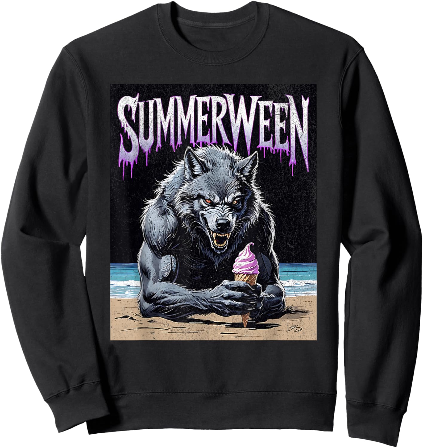 Summerween Werewolf Ice Cream Gothic Halloween Beach Sweatshirt - Sweatshirt | Black