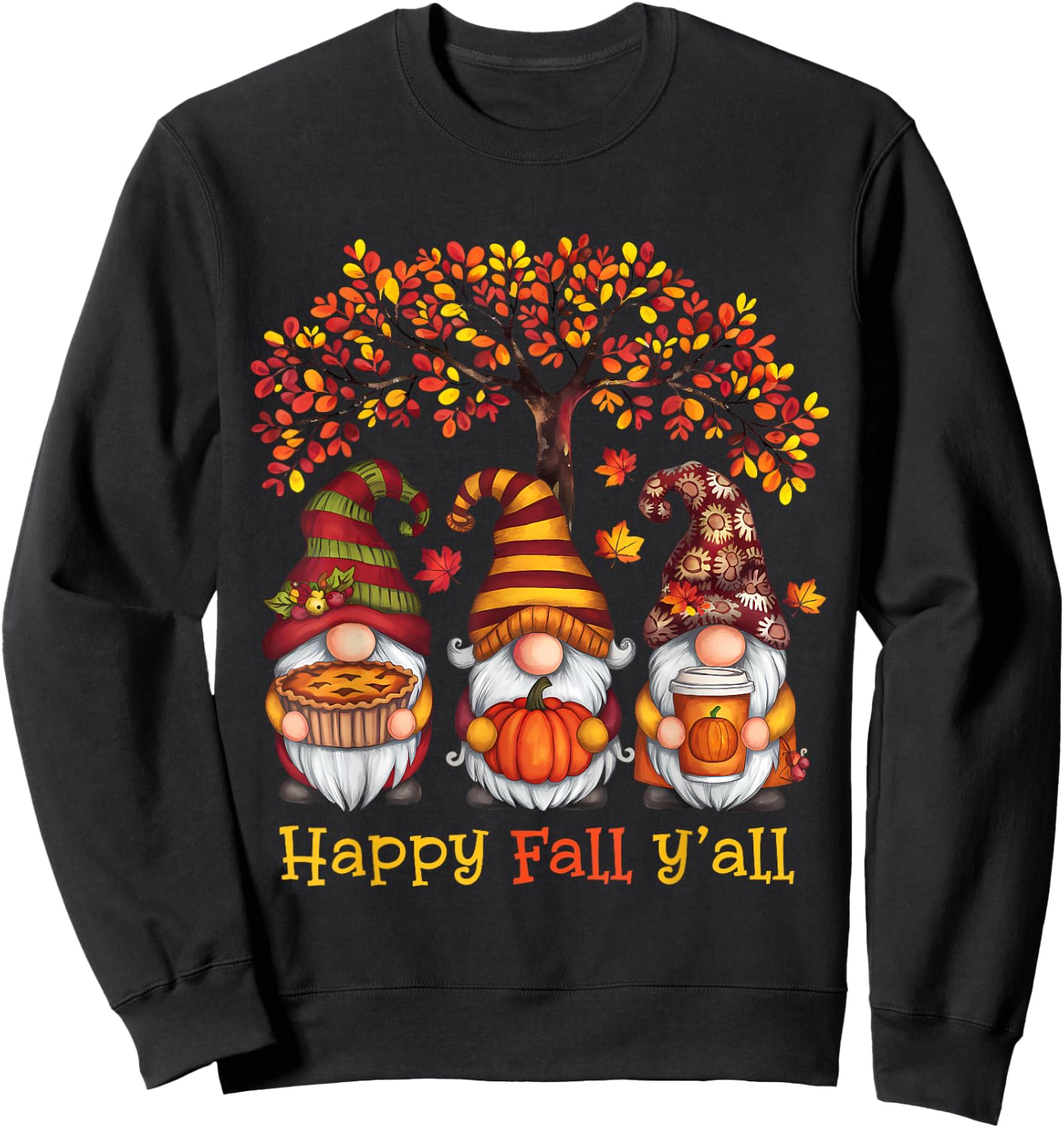Happy Fall Autumn Leaves Pumpkin Garden Gnomes Sweatshirt - Sweatshirt | Black