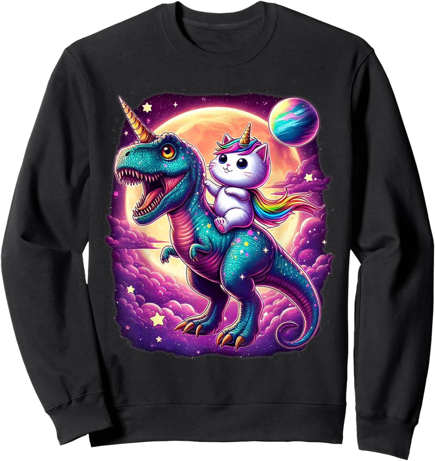 Cat Unicorn Riding Dinosaur T rex Kitten Lover Space Galaxy Sweatshirt - Sweatshirt | Black