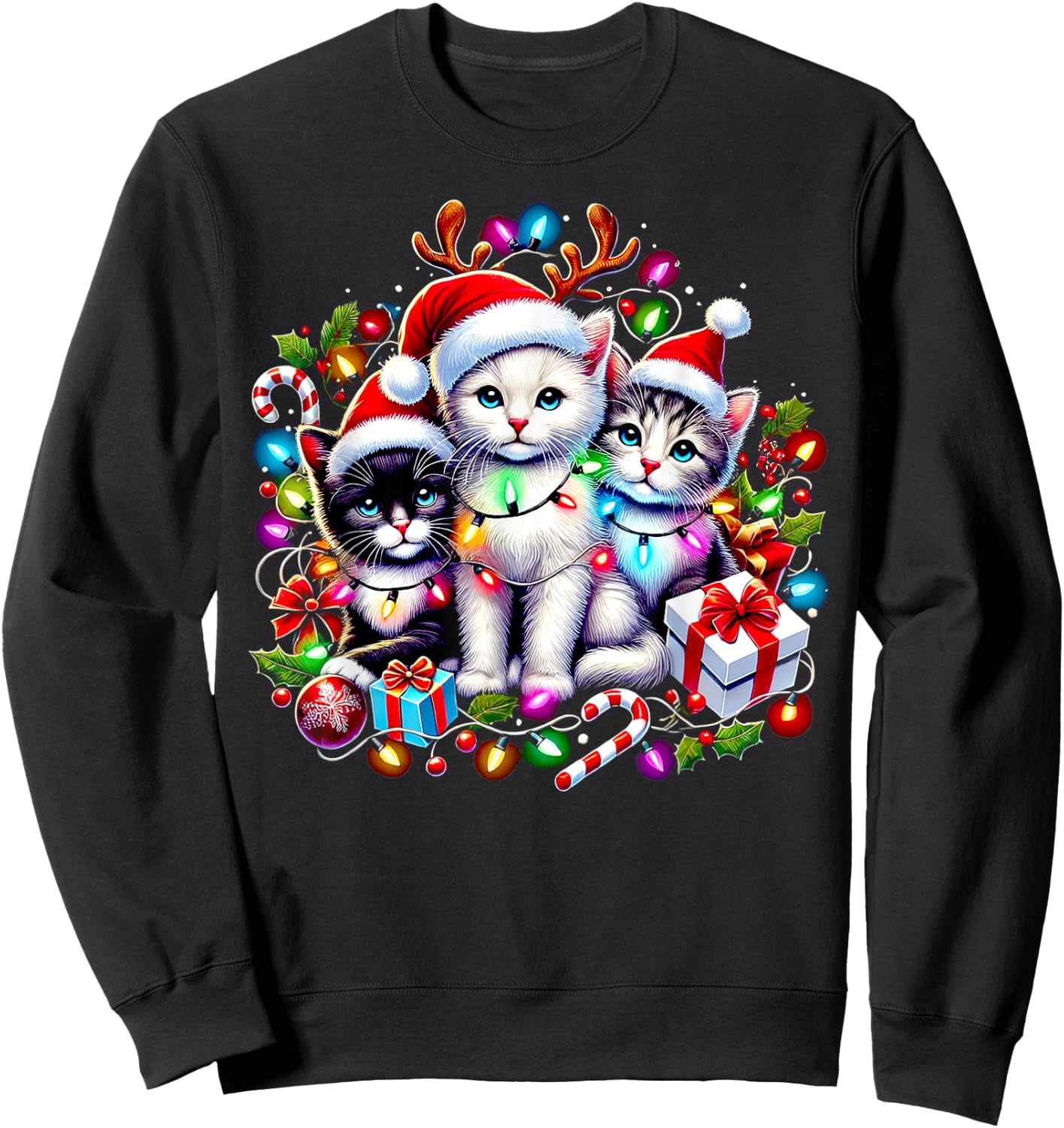 Cute Kittens Christmas Cheer Santa Hats Lights Cats Kittys Sweatshirt - Sweatshirt | Black