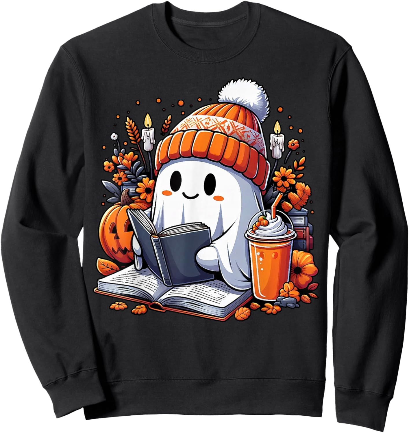 Ghost Drinking Coffee Book Reading Halloween Pumpkin Flower Sweatshirt - Sweatshirt | Black