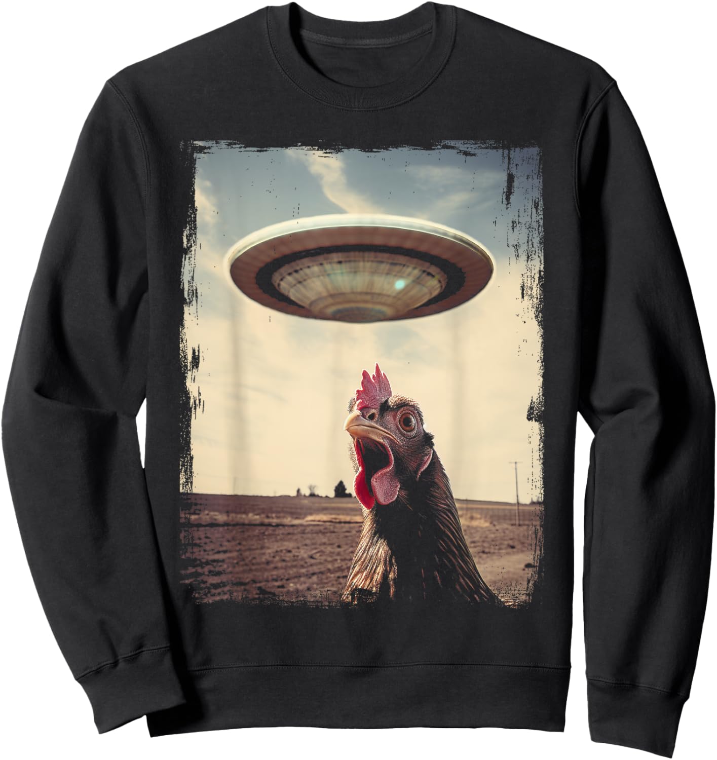Funny Weird Chicken UFO Weirdcore Alien Believer Farmer Sweatshirt - Sweatshirt | Black