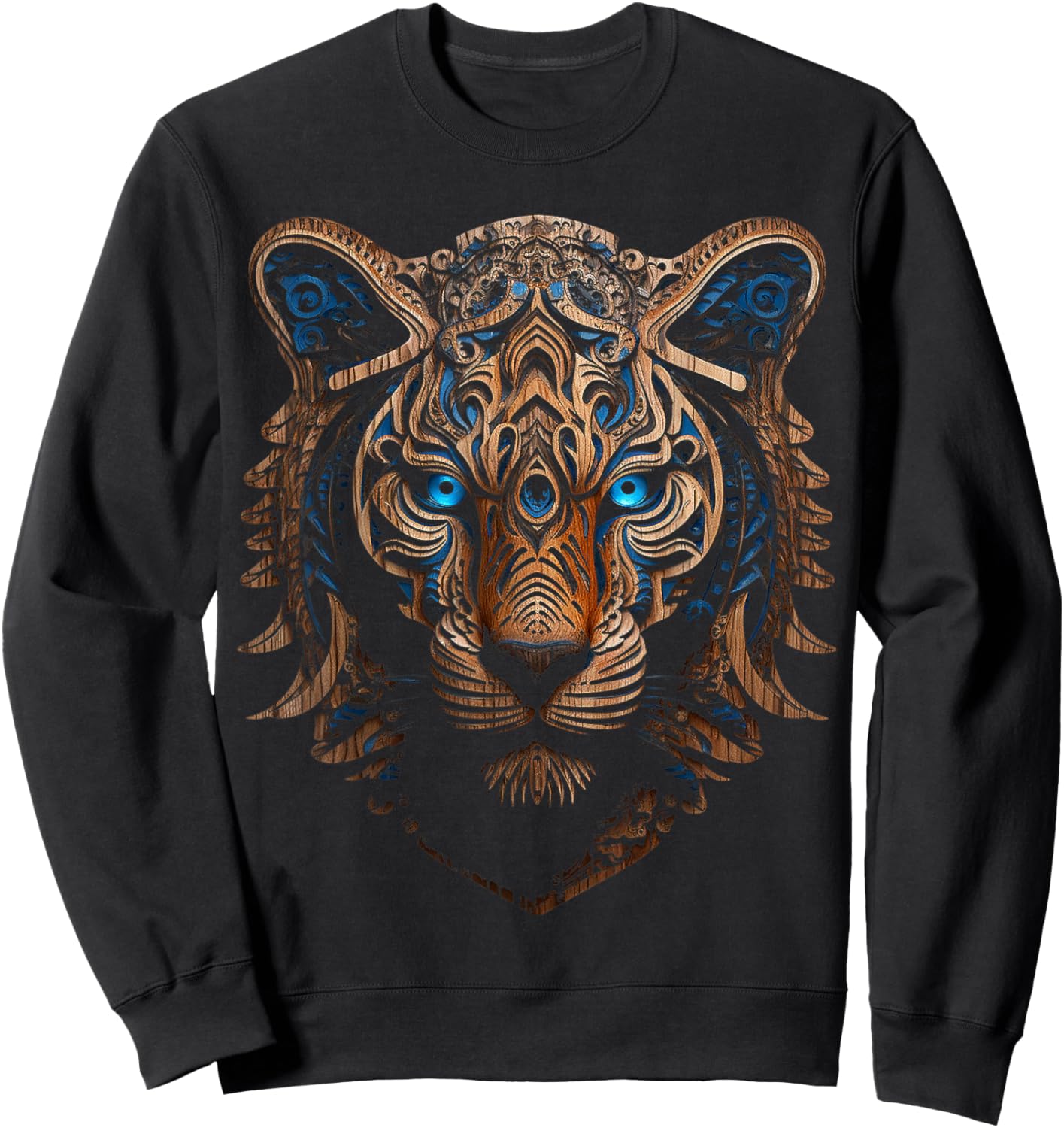 Tiger Sculpture Blue Eyes Animal Art Portrait Graphic Tiger Sweatshirt - Sweatshirt | Black
