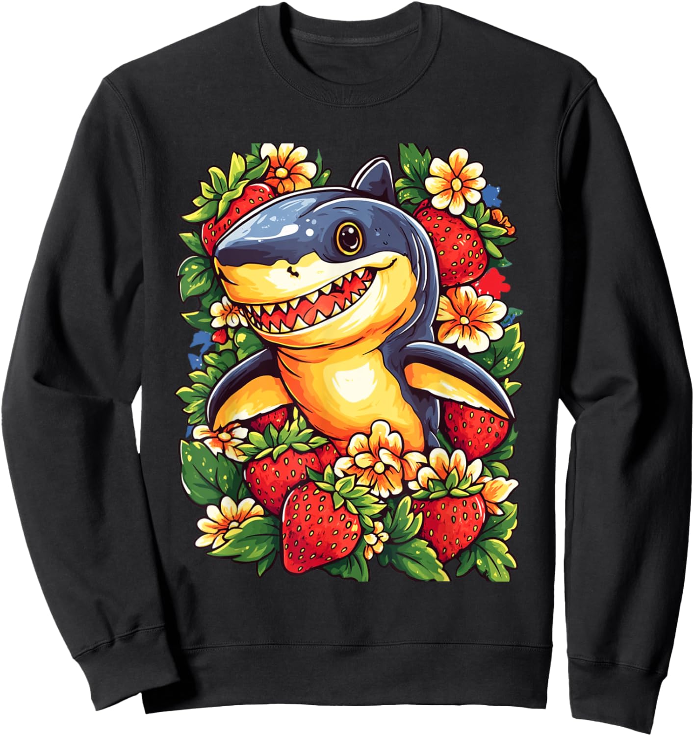 Shark Strawberries and Flowers Graphic Cute Shark Sweatshirt - Sweatshirt | Black