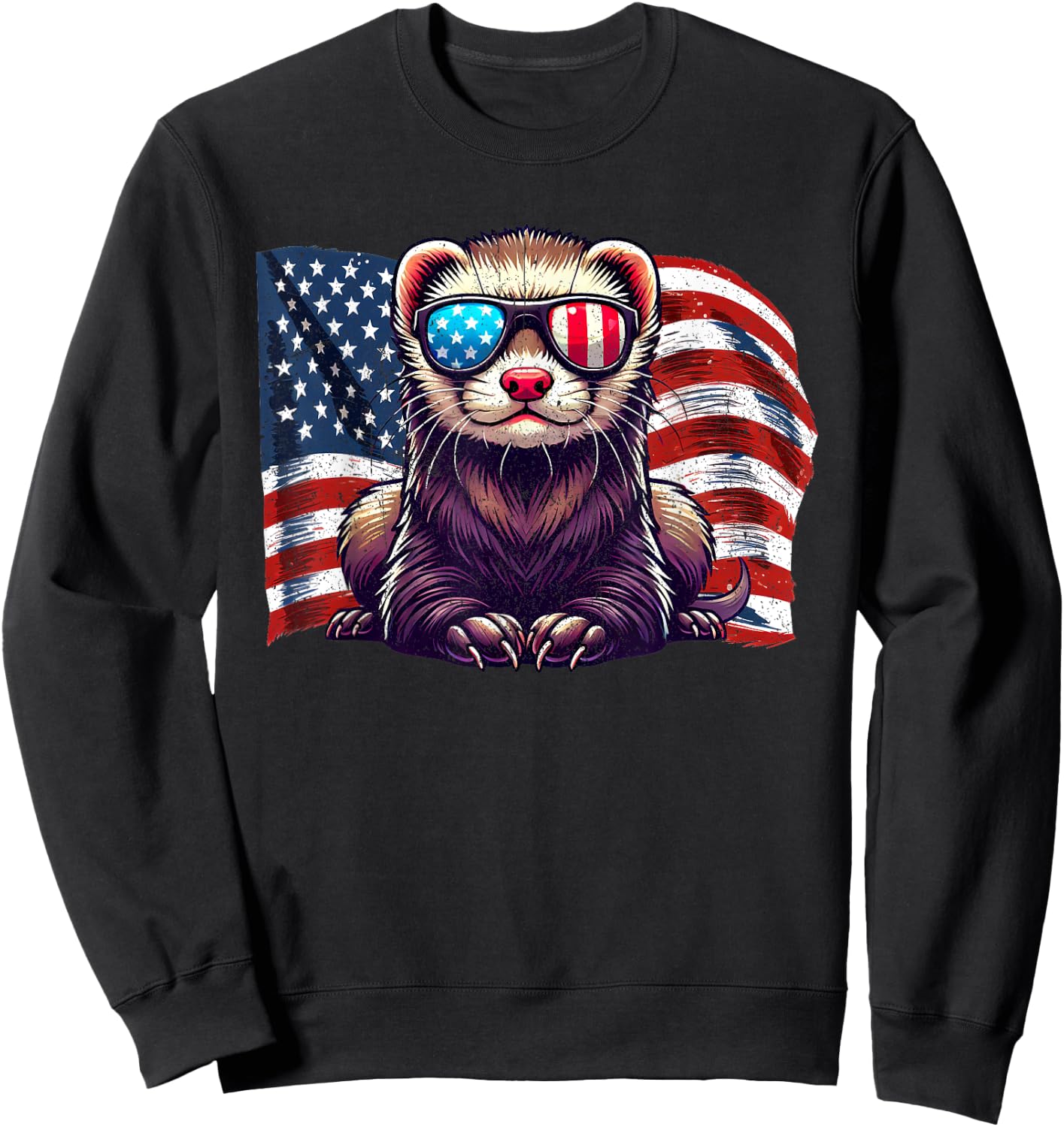 Ferret Pets Lovers Patriotic America Flag Sunglasses Vintage Sweatshirt - Sweatshirt | Black