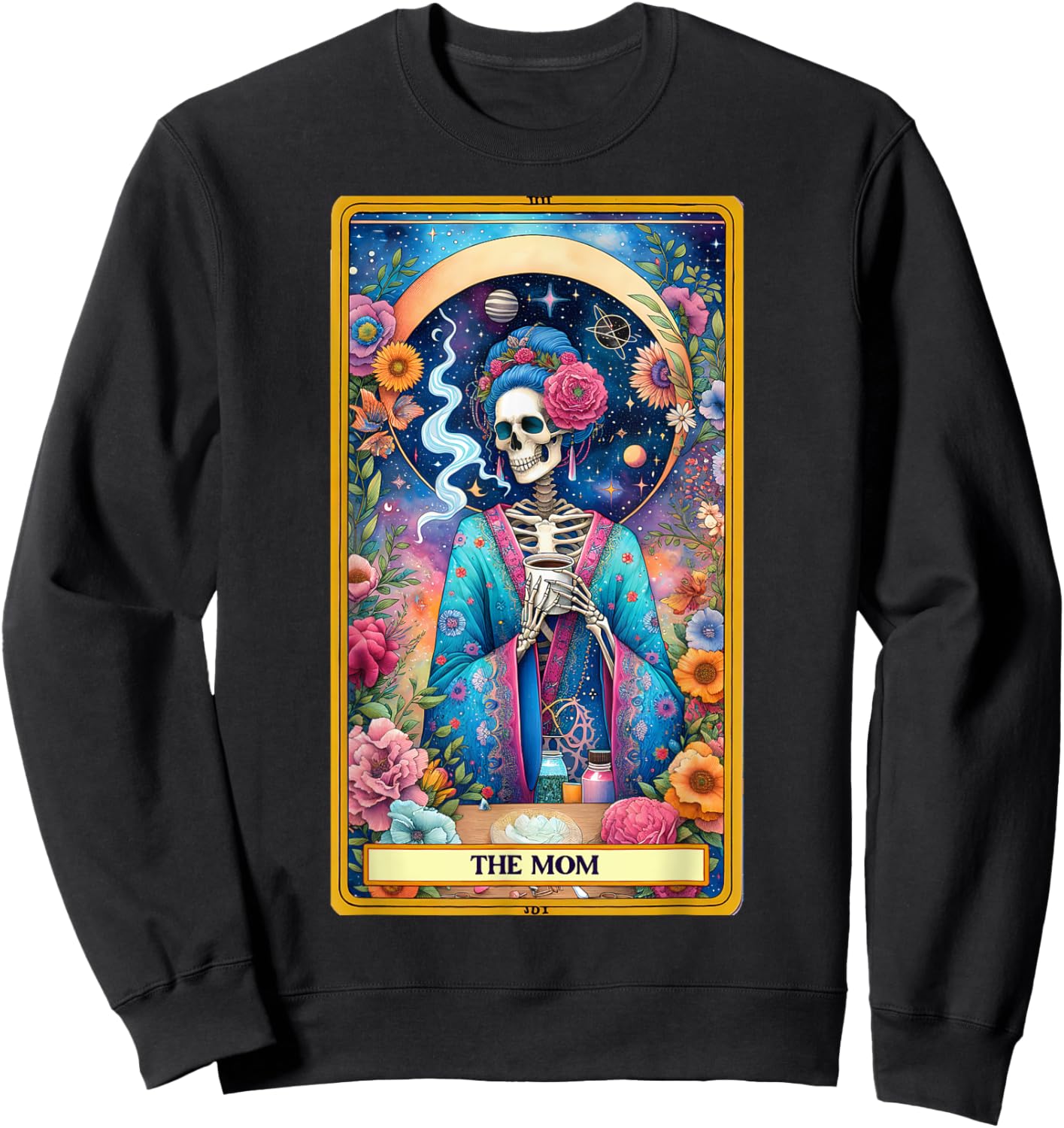 Mom Tarot Card Skeleton Skelly Messy Bun Robe Coffee Mama Sweatshirt - Sweatshirt | Black