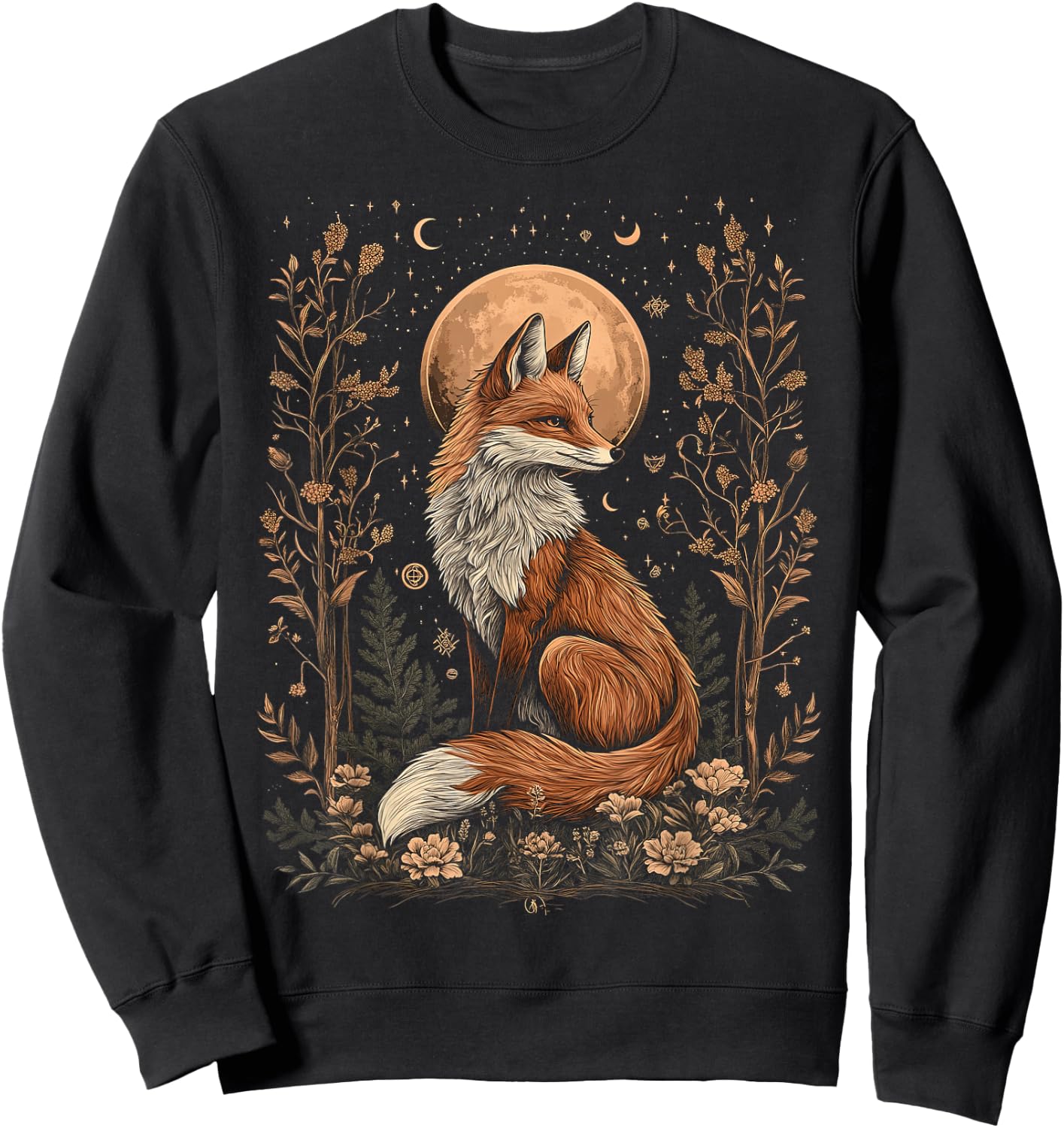 Mystic Moon and Moonphase Fox Mystical Flowers Aesthetic Sweatshirt - Sweatshirt | Black