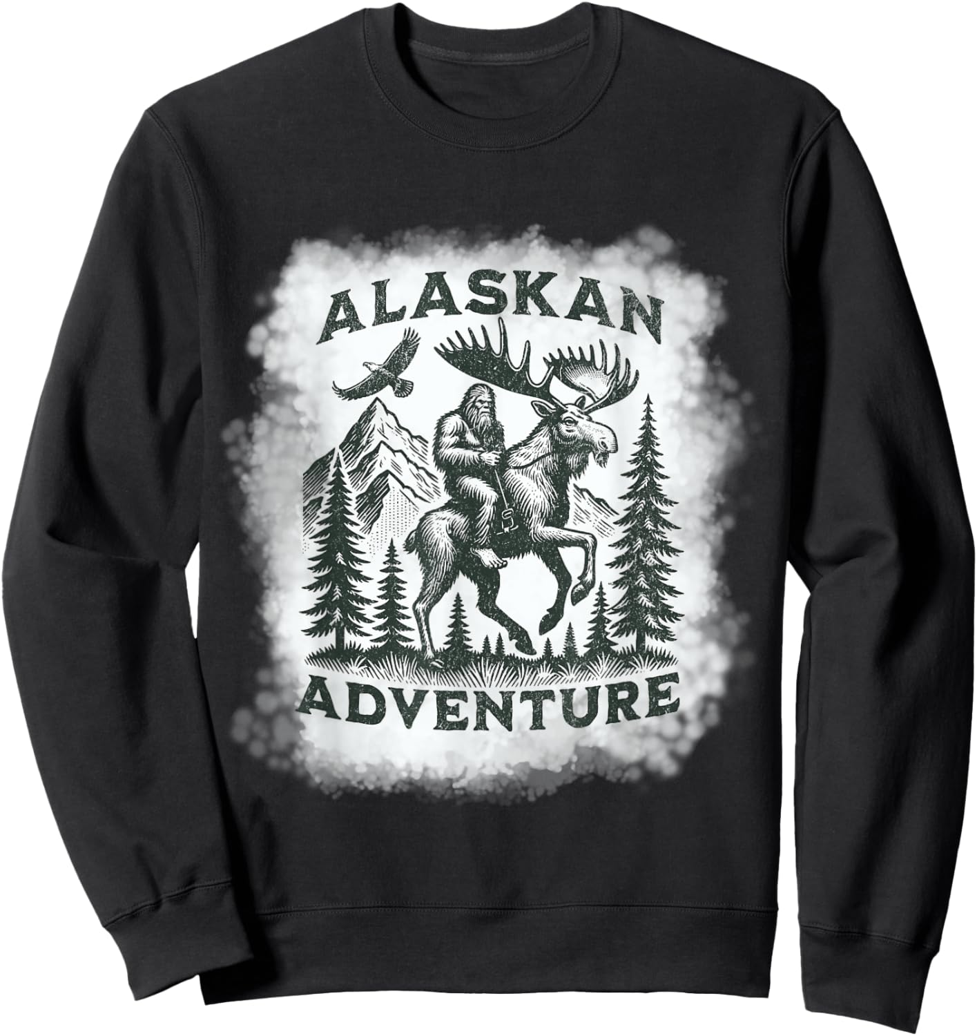 Alaskan Adventure Bigfoot Riding Moose Funny Outdoor Alaska Sweatshirt - Sweatshirt | Black