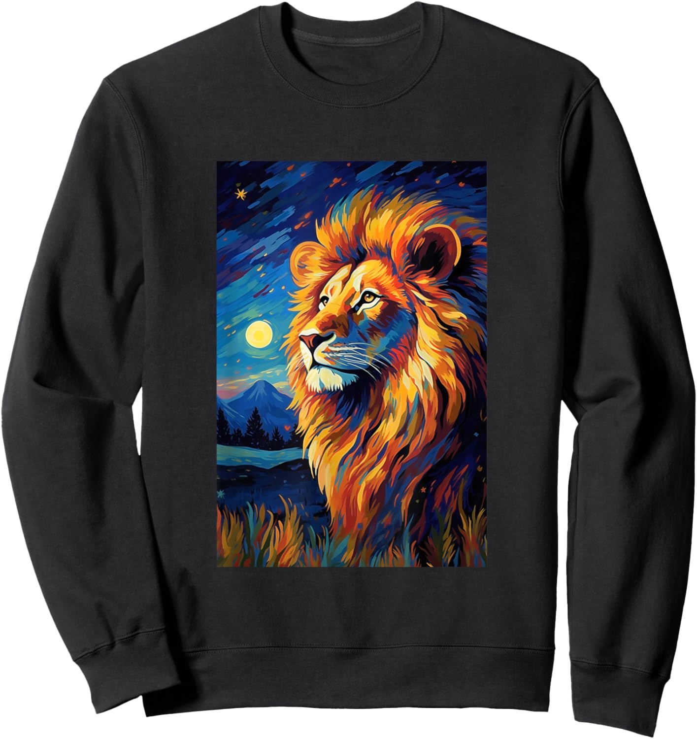 Lion Africa Van Gogh Style Starry Night Graphic Sweatshirt - Sweatshirt | Black
