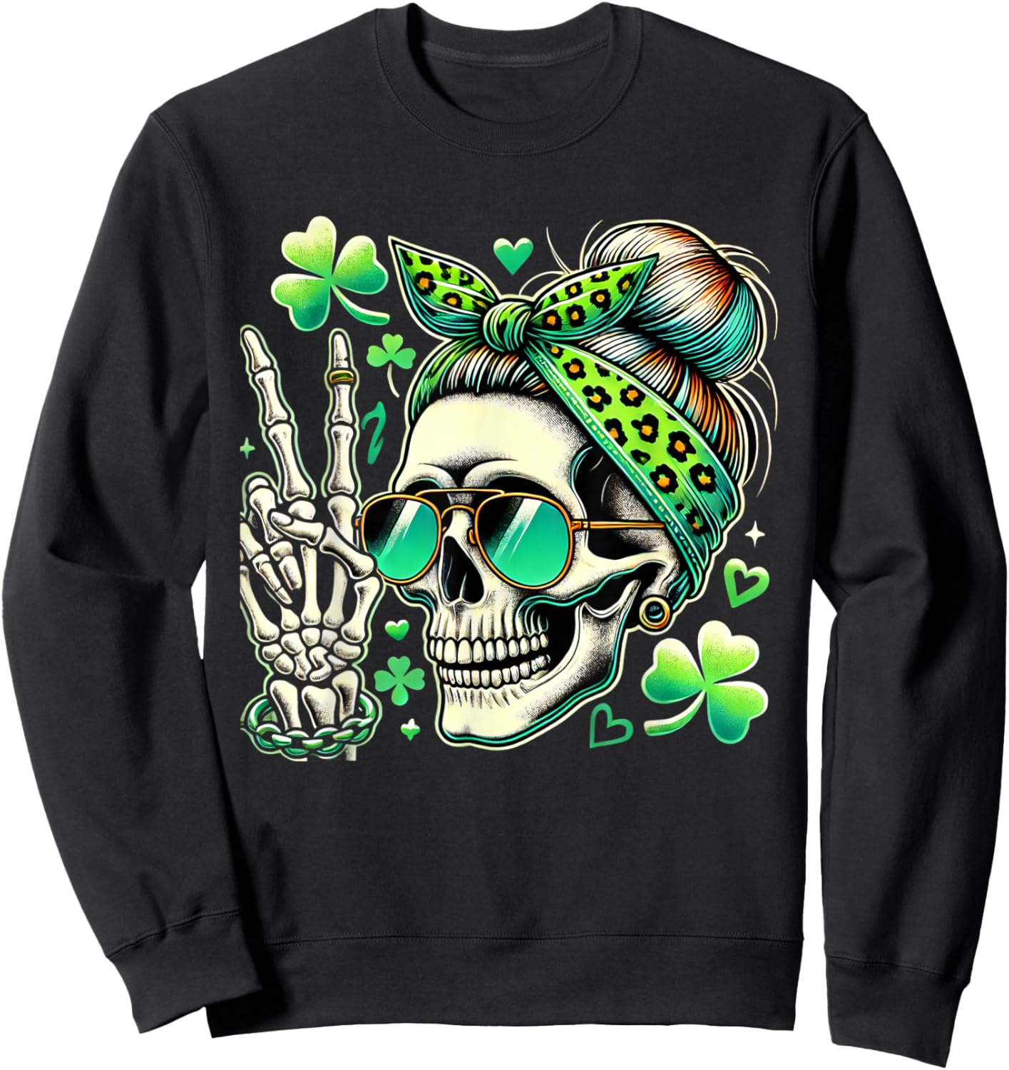 St Patricks Day Skull Messy Bun Saint Pattys Paddys Women Sweatshirt - Sweatshirt | Black