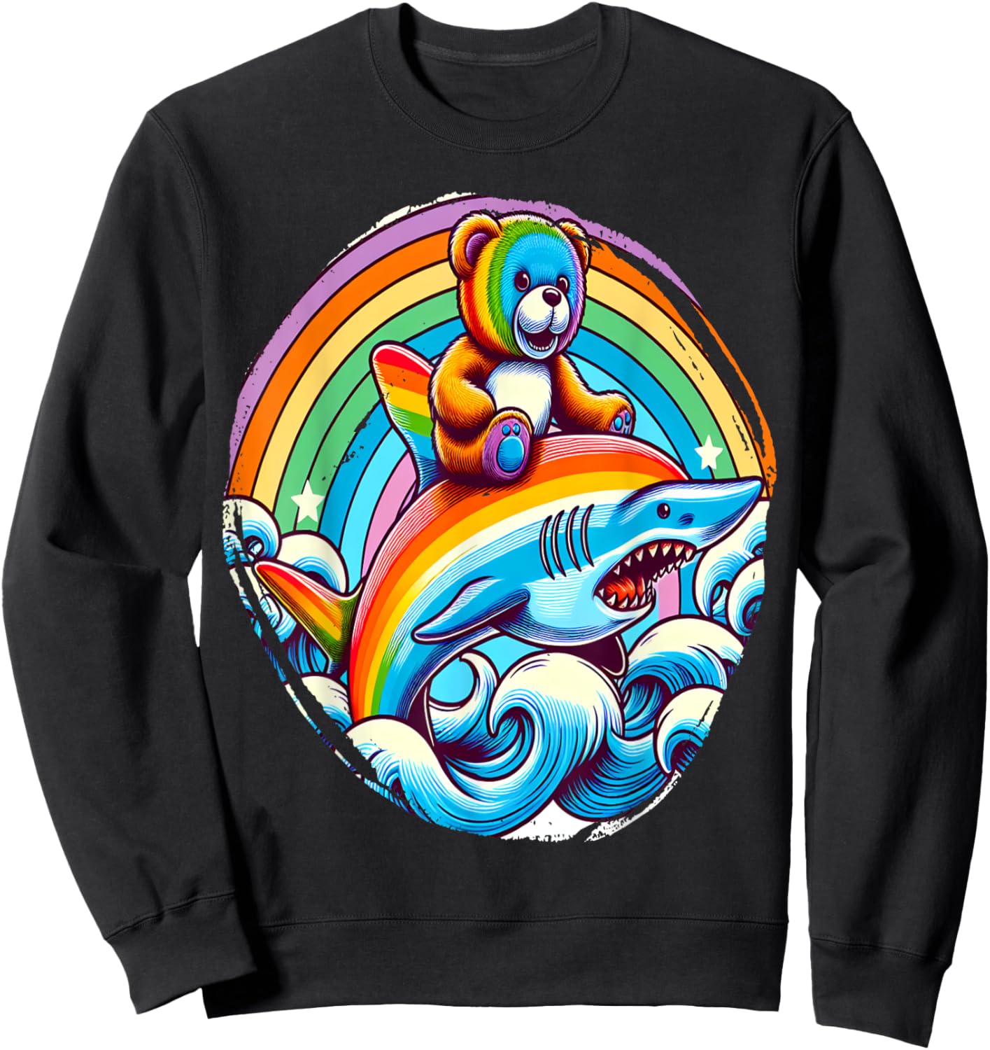 Teddy Bear Riding Shark on Rainbow Sweatshirt - Sweatshirt | Black