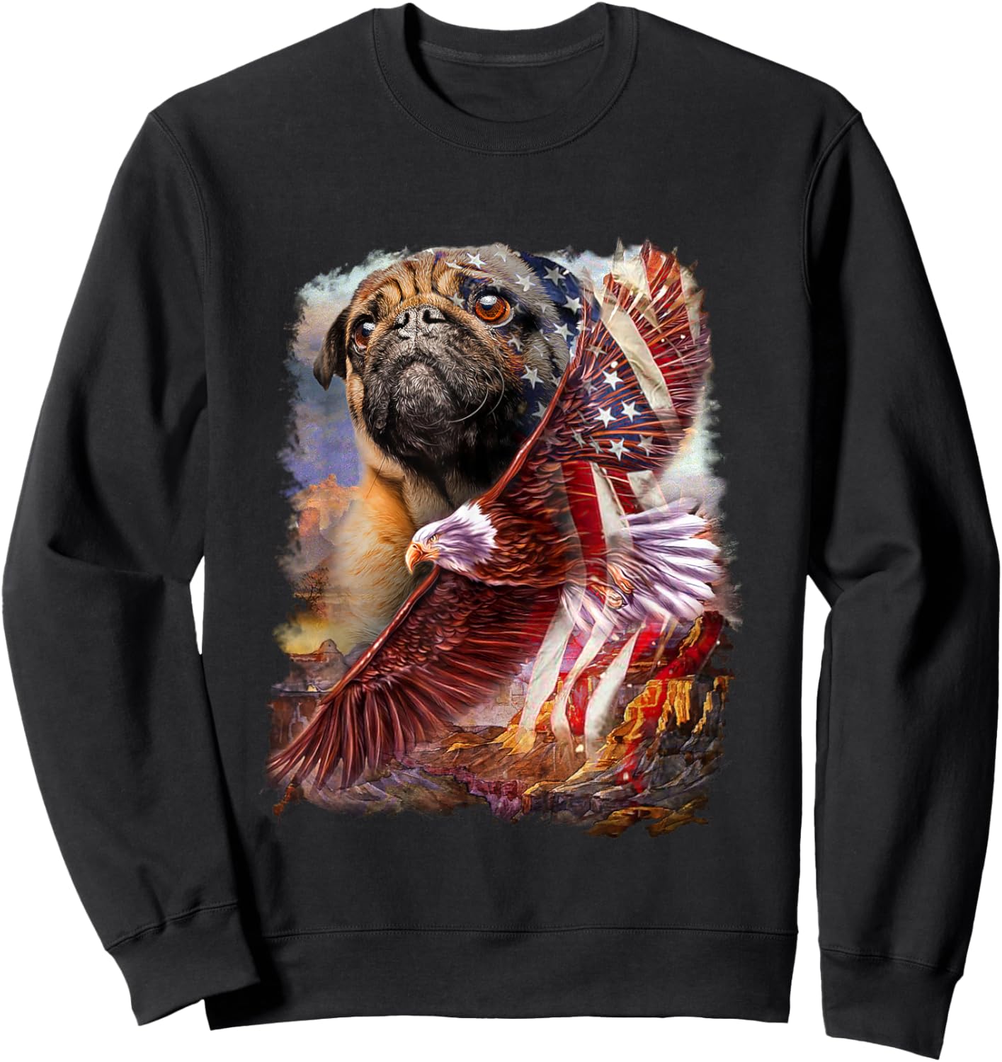 Pug with bald eagle american flag Sweatshirt - Sweatshirt | Black