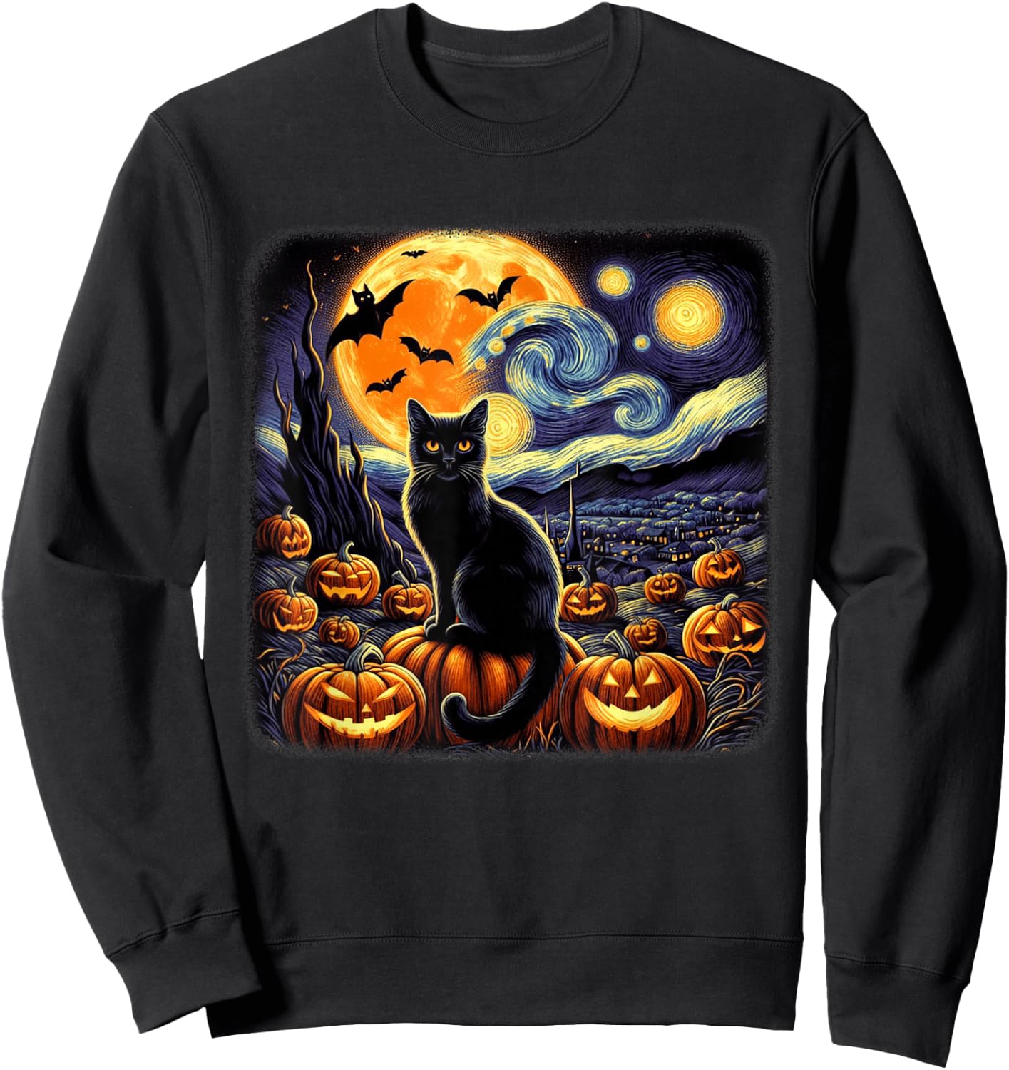 Van Gogh Cat Starry Night Cat Halloween Pumpkin Cat Lovers Sweatshirt - Sweatshirt | Black