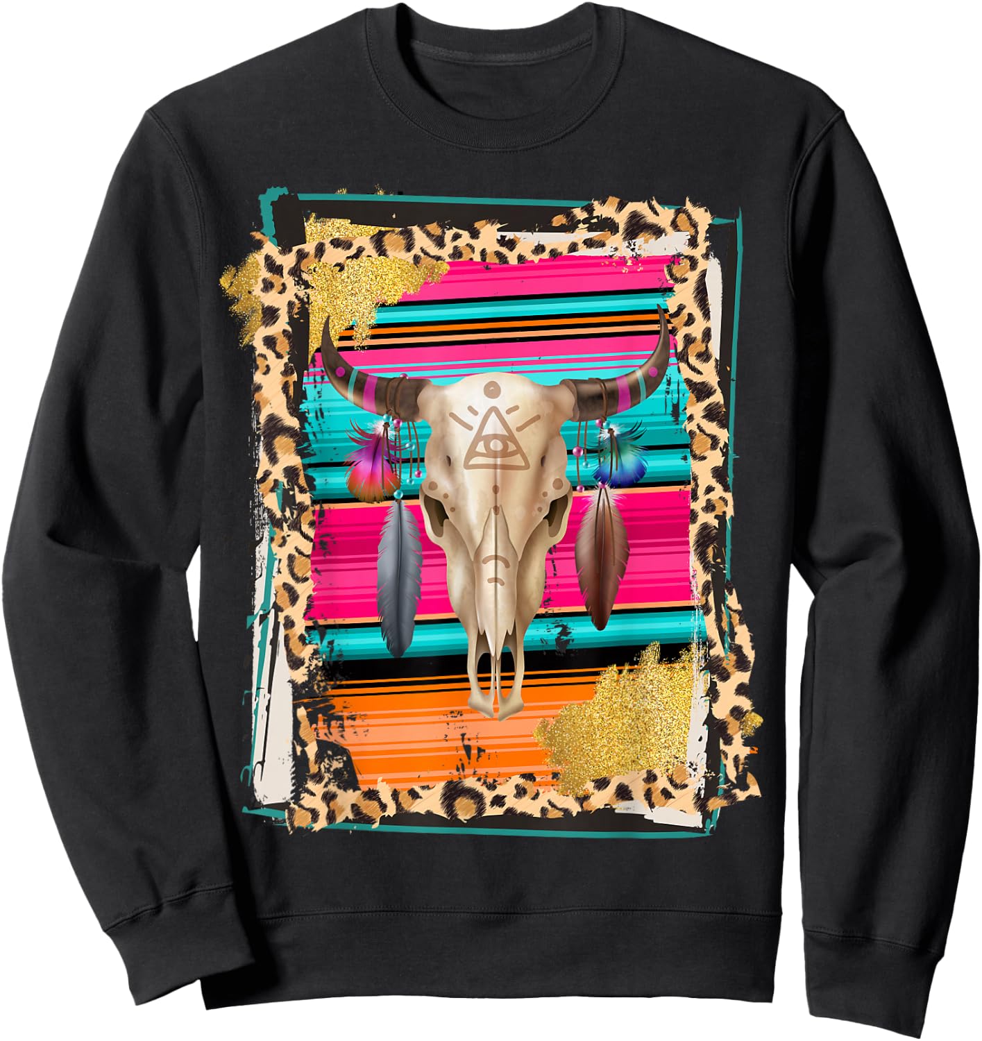 BOHO COW - Leopard Cow Pattern Serape Print Cowgirl Rodeo Sweatshirt - Sweatshirt | Black