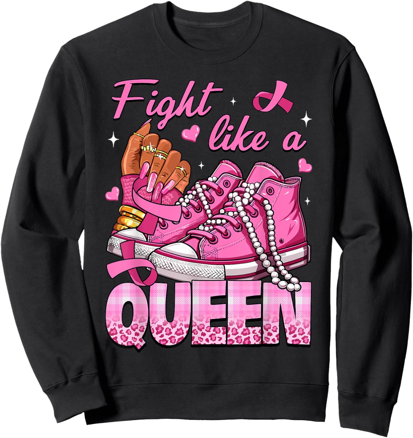 Fight Like A Queen Women Girl Sneakers Breast Cancer Warrior Sweatshirt - Sweatshirt | Black