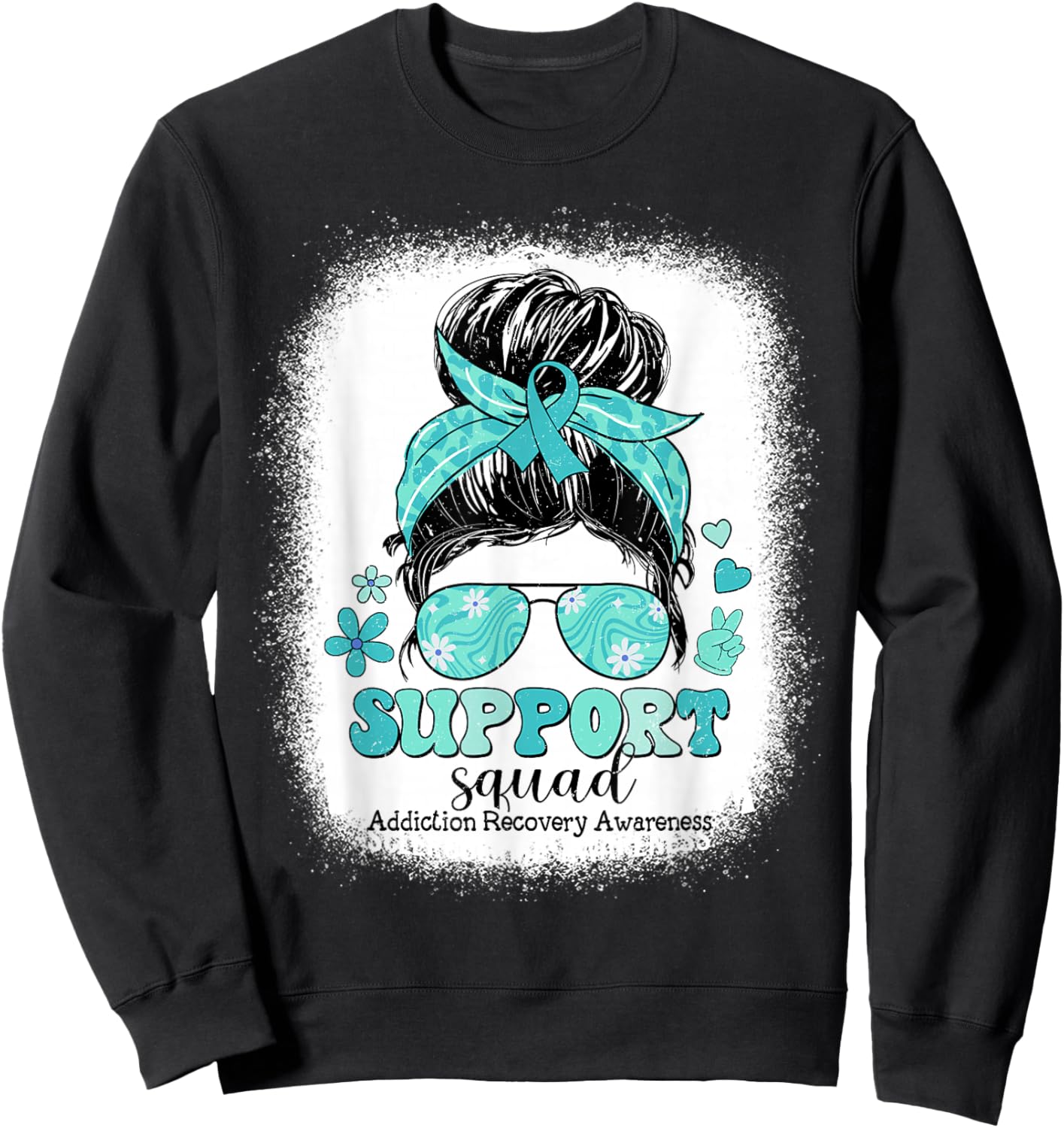 Groovy Support Squad Messy Bun Addiction Recovery Awareness Sweatshirt - Sweatshirt | Black