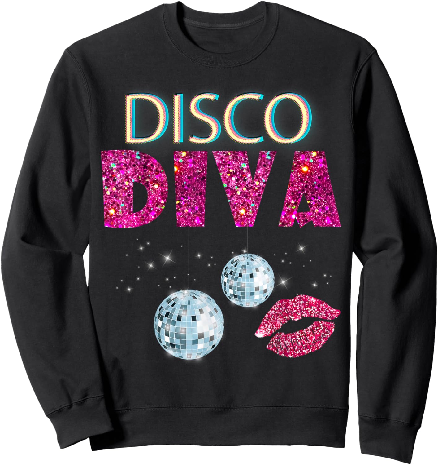 Disco Diva Ladies Disco Gold Ball Silver Red Lips Sweatshirt - Sweatshirt | Black