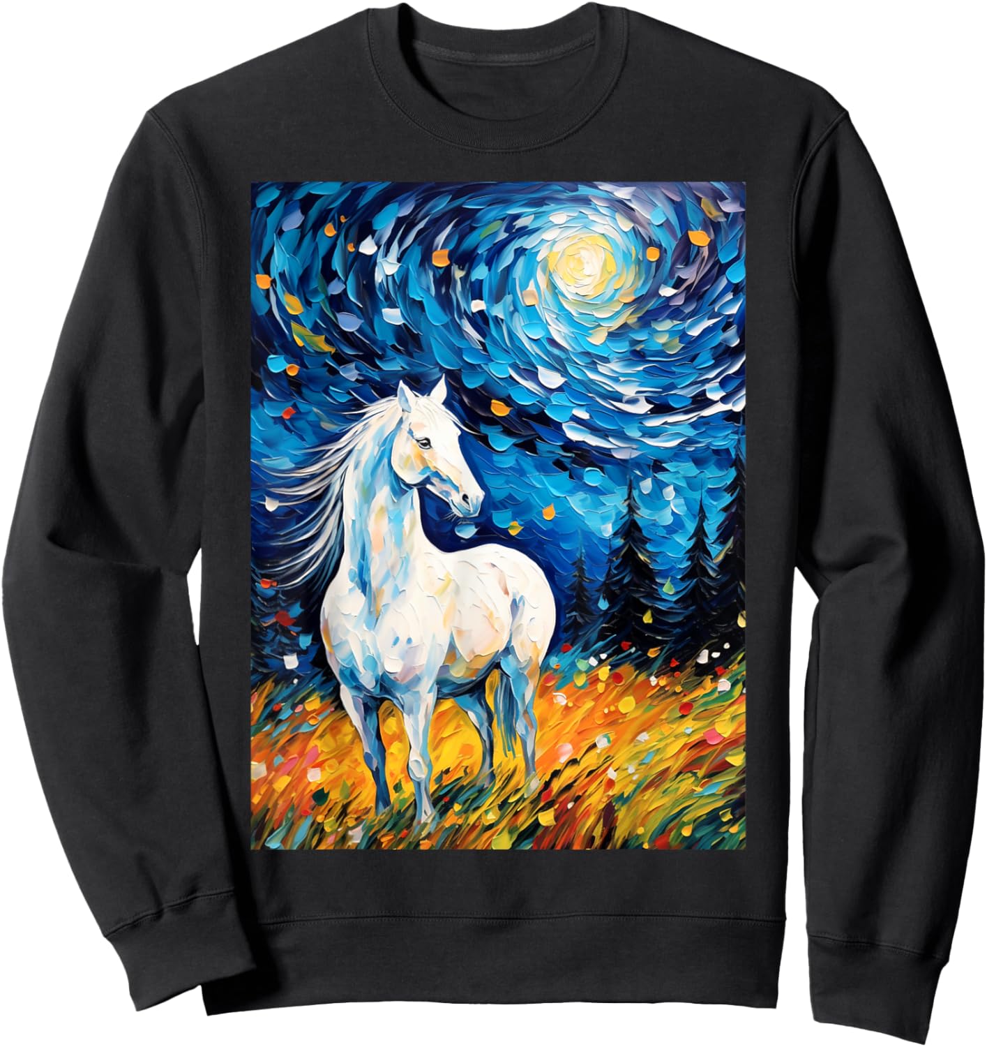 White Horse in Starry Night Van Gogh Horses Lover Sweatshirt - Sweatshirt | Black
