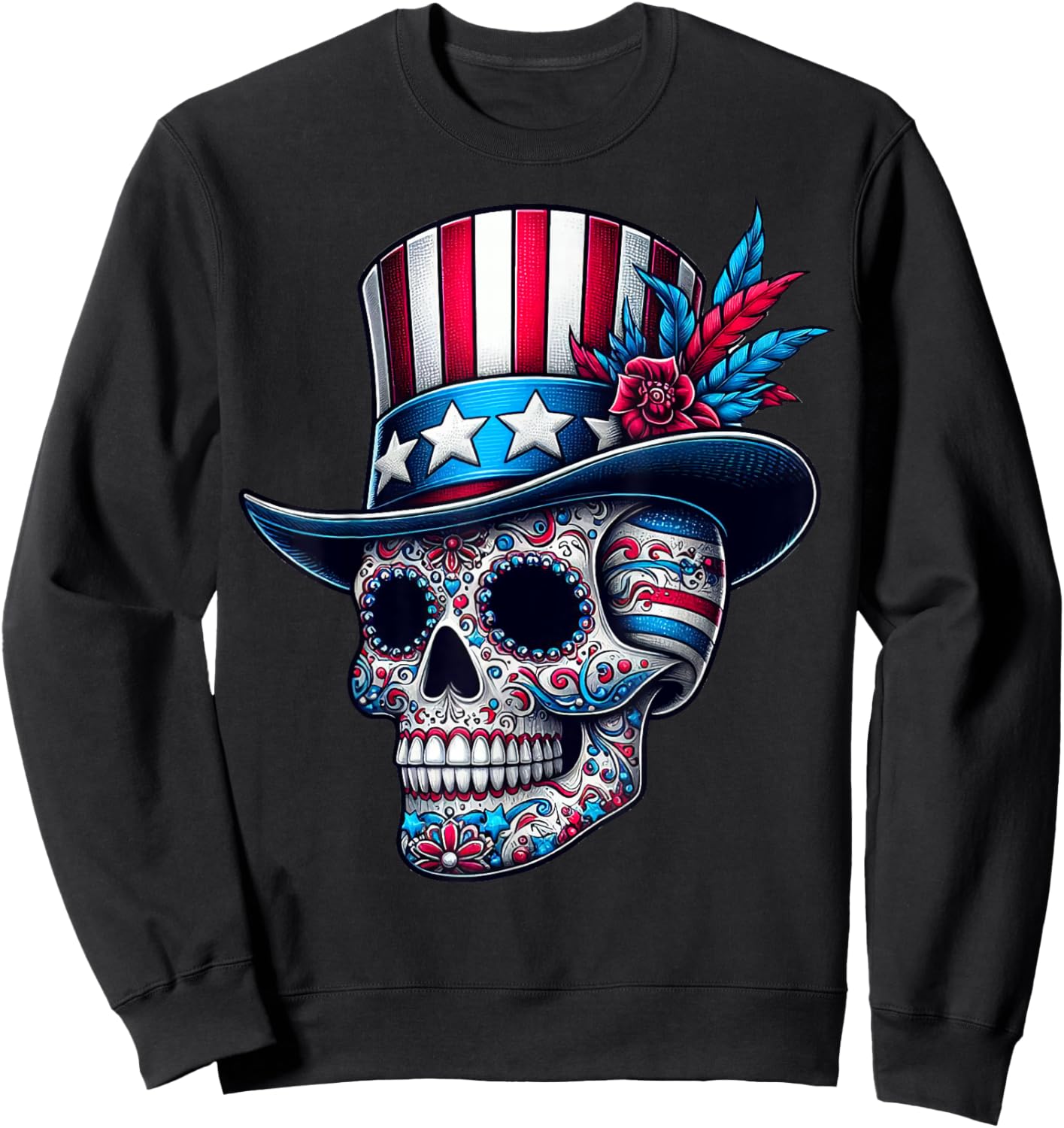 Independence Day USA Patriot Skull 4th of July Sugar Skull Sweatshirt - Sweatshirt | Black