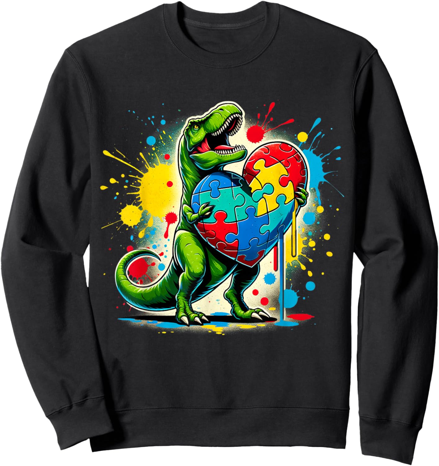 Boys Kids Autism Awareness Funny T Rex Dinosaur Puzzle Piece Sweatshirt - Sweatshirt | Black