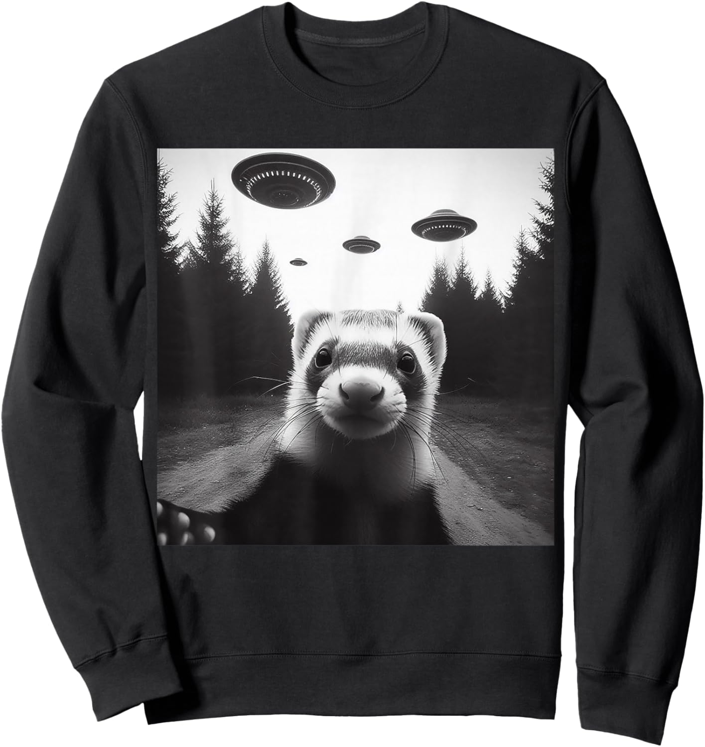 Ferret Selfie With Alien UFO Funny Gifts Women Kid Sweatshirt - Sweatshirt | Black