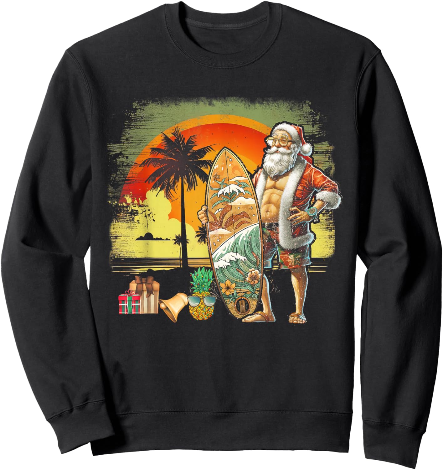 Tropical Summer Surfing Santa Claus 6 Pack Christmas In July Men Women Sweatshirt - Sweatshirt | Black