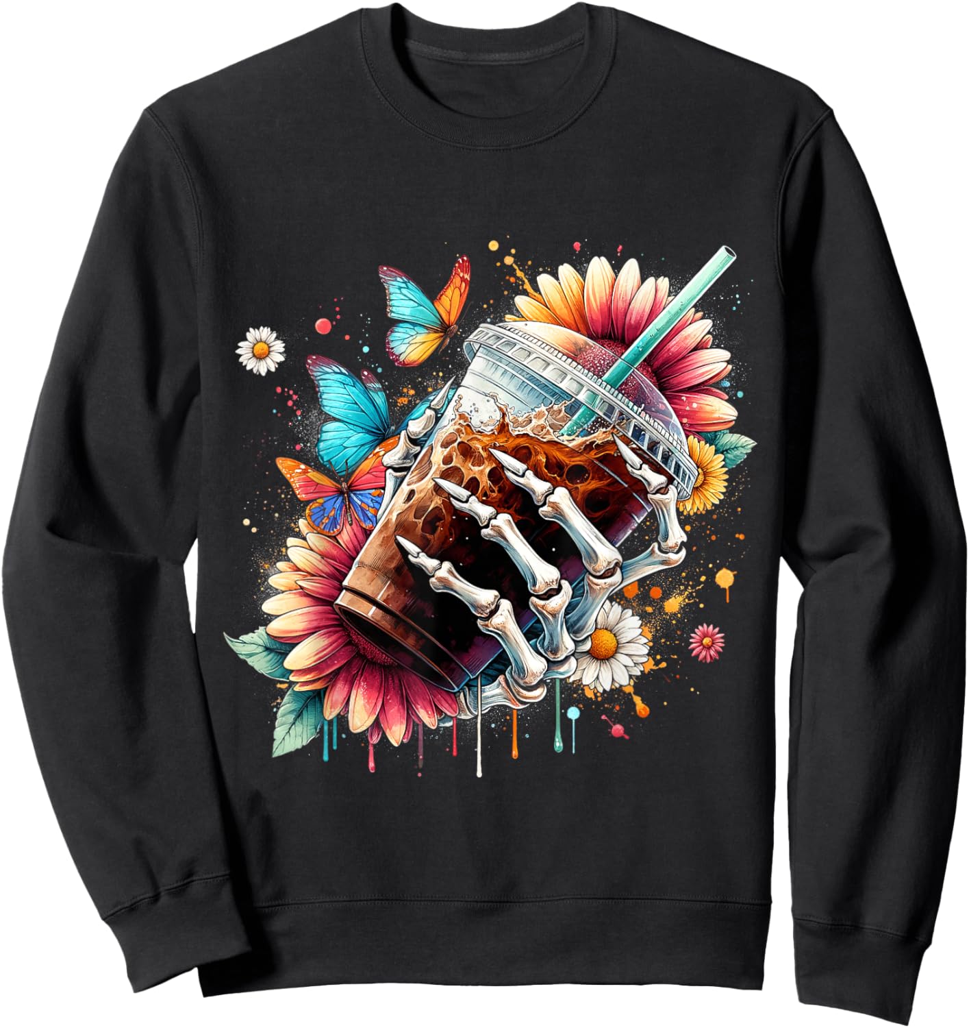 Whimsical Iced Coffee Floral Skeleton Fantasy Flower Sweatshirt - Sweatshirt | Black