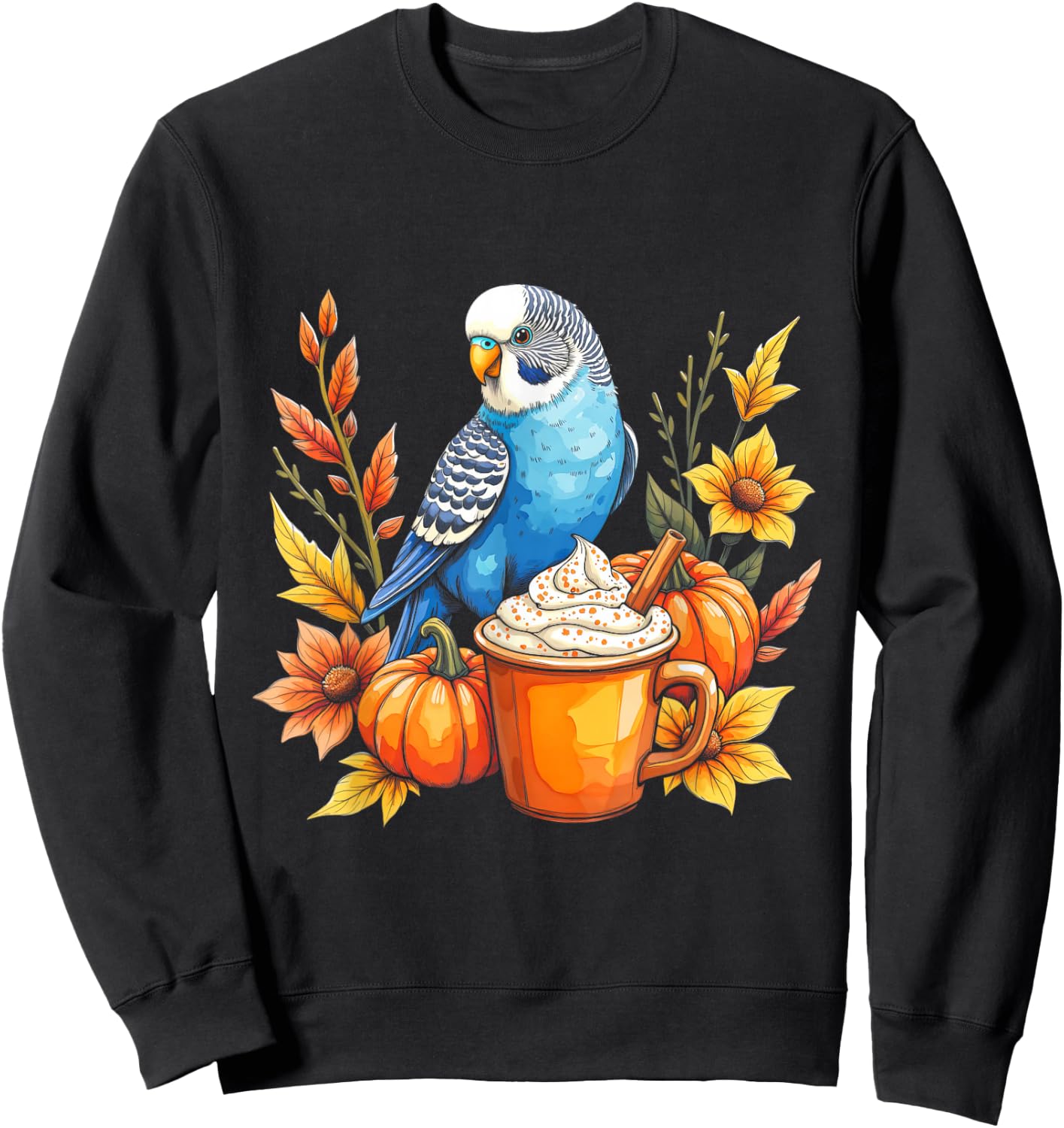 Budgie Parakeet Pumpkin Spice Latte and Fall Vibes Autumn Sweatshirt - Sweatshirt | Black