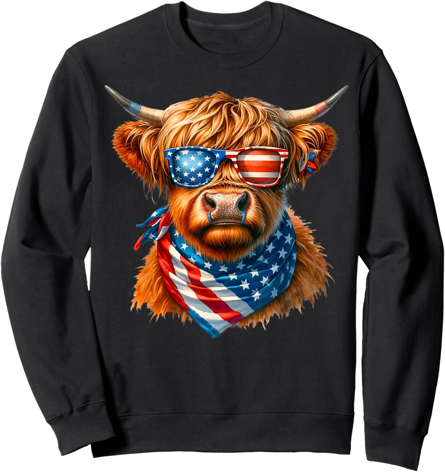 Vintage Patriot Highland Cow 4th Of July American Flag Sweatshirt - Sweatshirt | Black